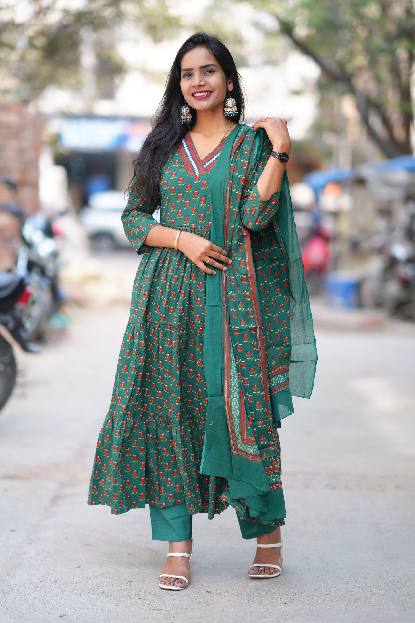 Green Color Jaipur Cotton Anarkali 3 Piece Set With Complete Lining