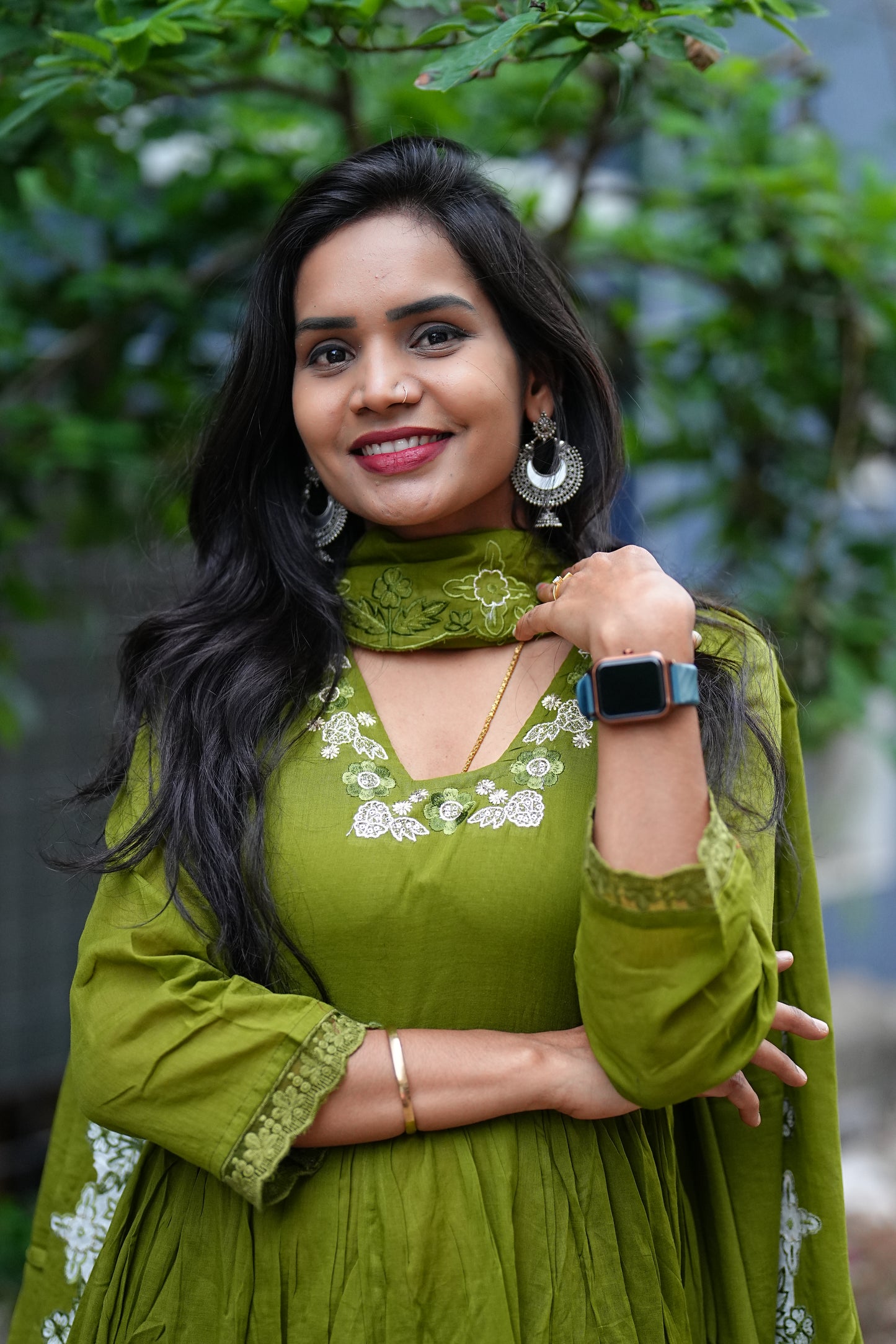 Olive Green Color Jaipur Cotton Anarkali 3 Piece Set