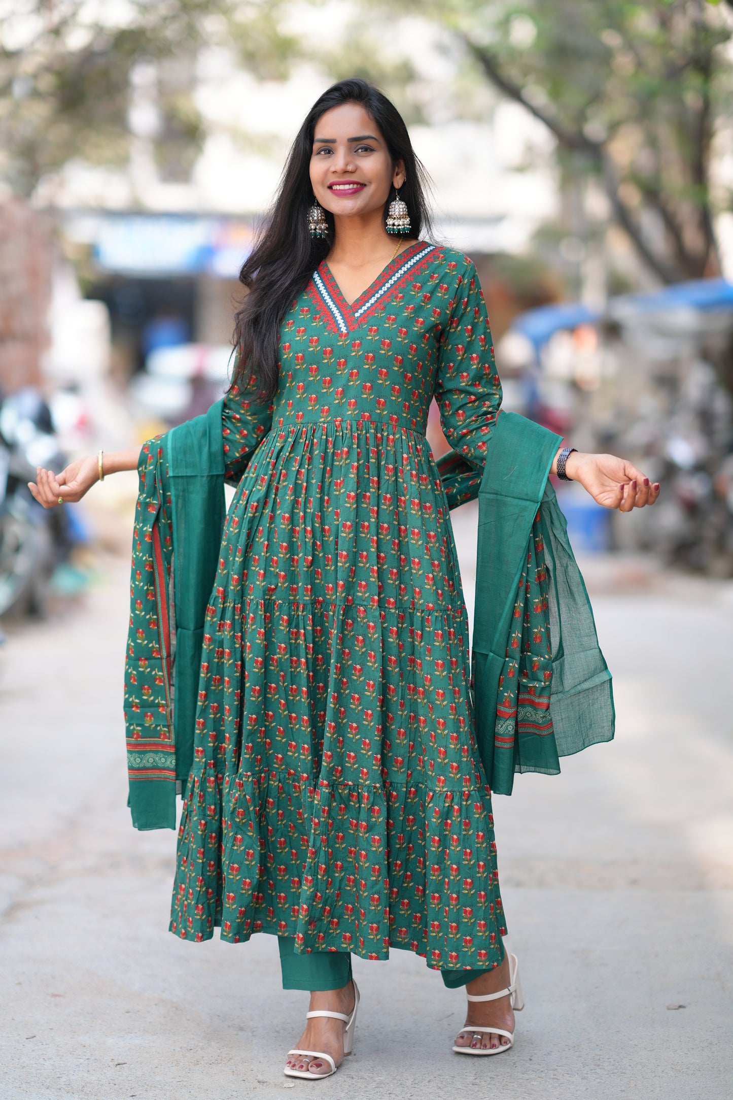 Green Color Jaipur Cotton Anarkali 3 Piece Set With Complete Lining