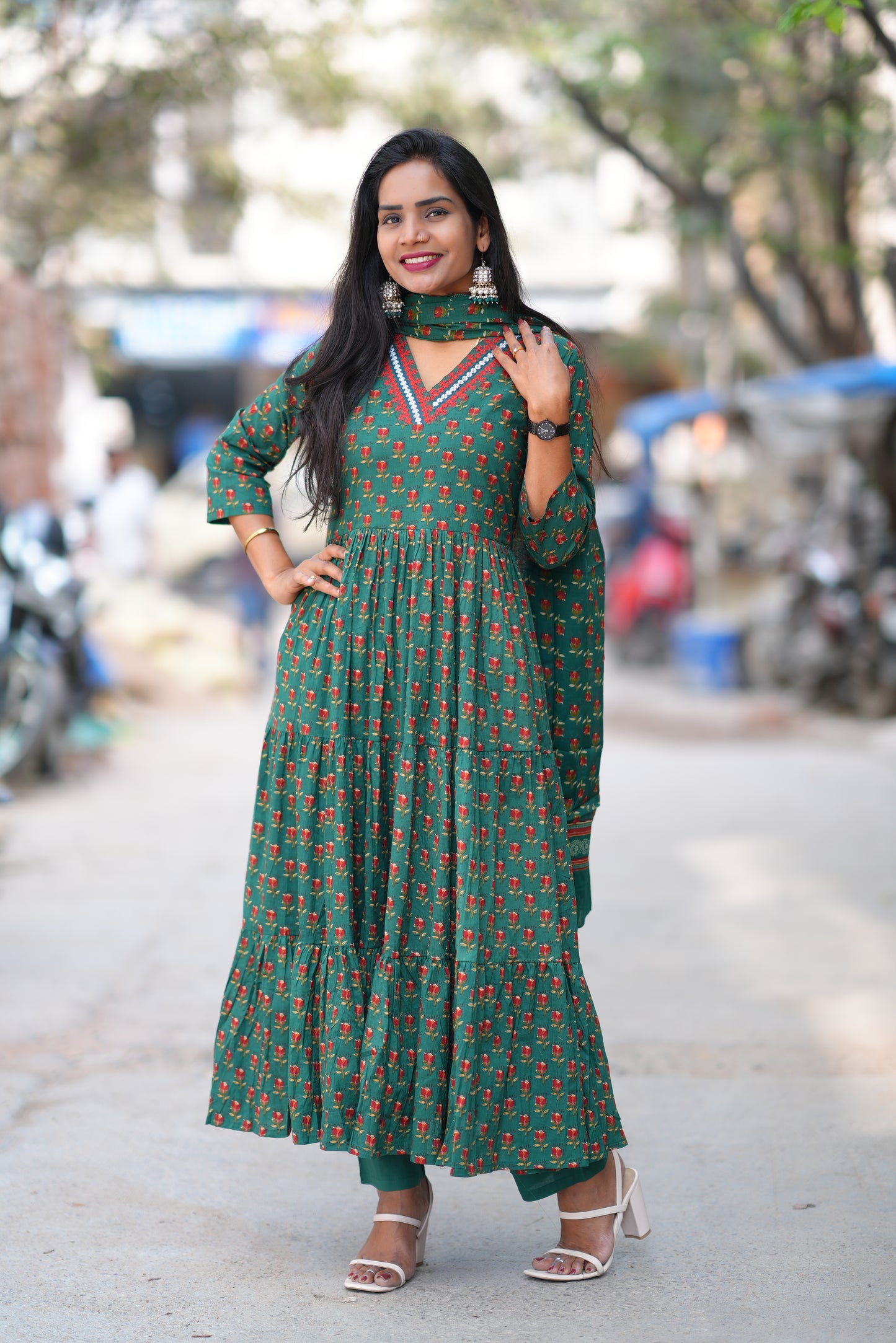 Green Color Jaipur Cotton Anarkali 3 Piece Set With Complete Lining