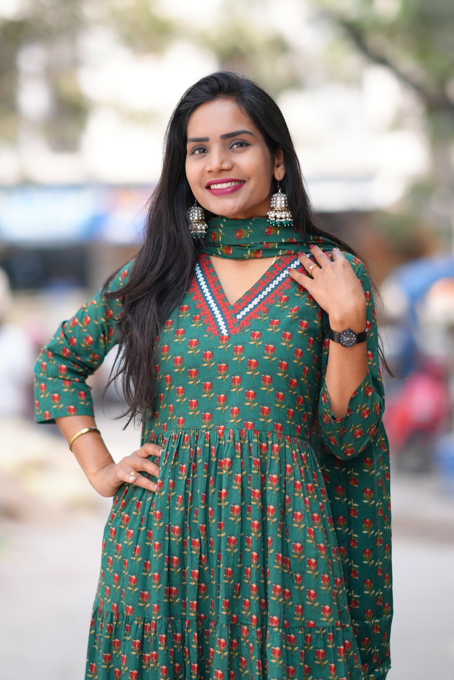 Green Color Jaipur Cotton Anarkali 3 Piece Set With Complete Lining