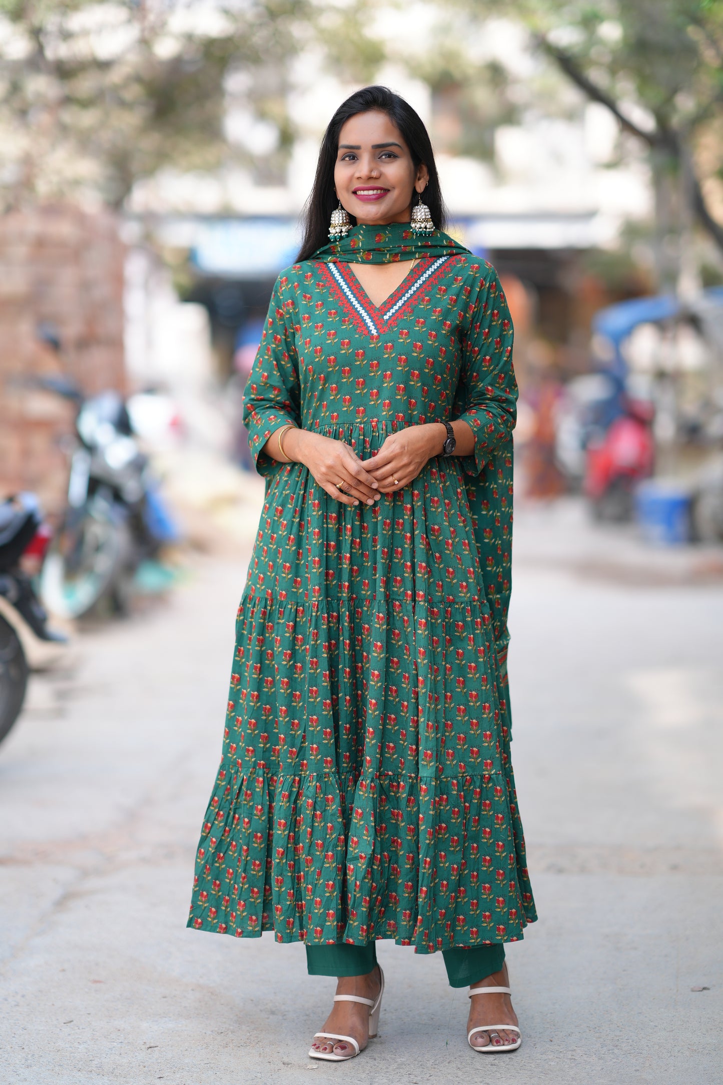 Green Color Jaipur Cotton Anarkali 3 Piece Set With Complete Lining