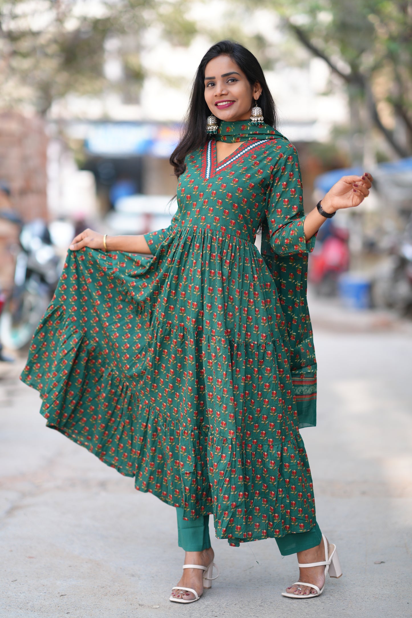 Green Color Jaipur Cotton Anarkali 3 Piece Set With Complete Lining