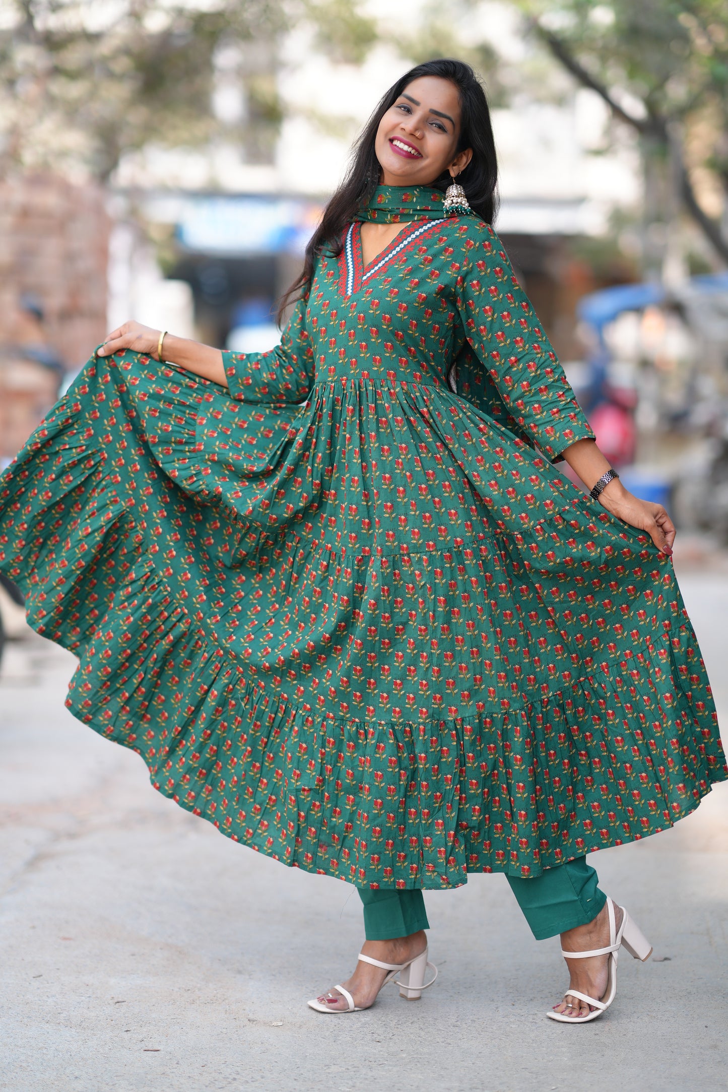 Green Color Jaipur Cotton Anarkali 3 Piece Set With Complete Lining