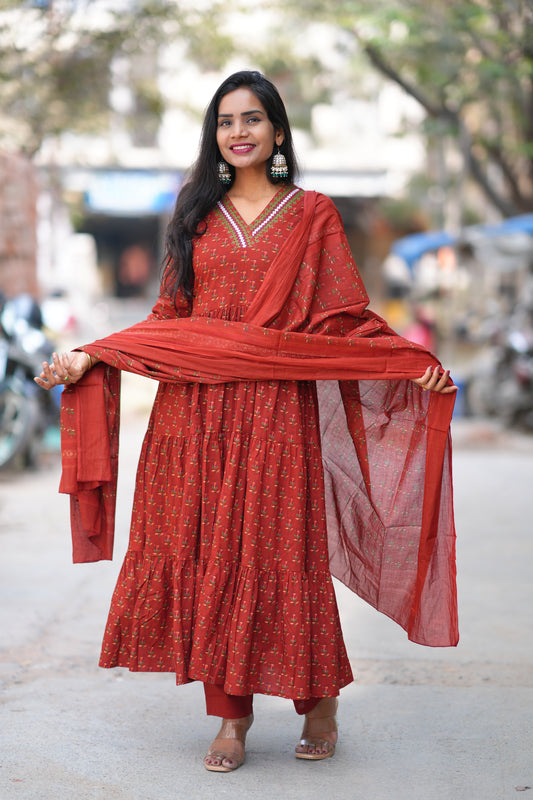 Red Color Jaipur Cotton Anarkali 3 Piece Set With Complete Lining