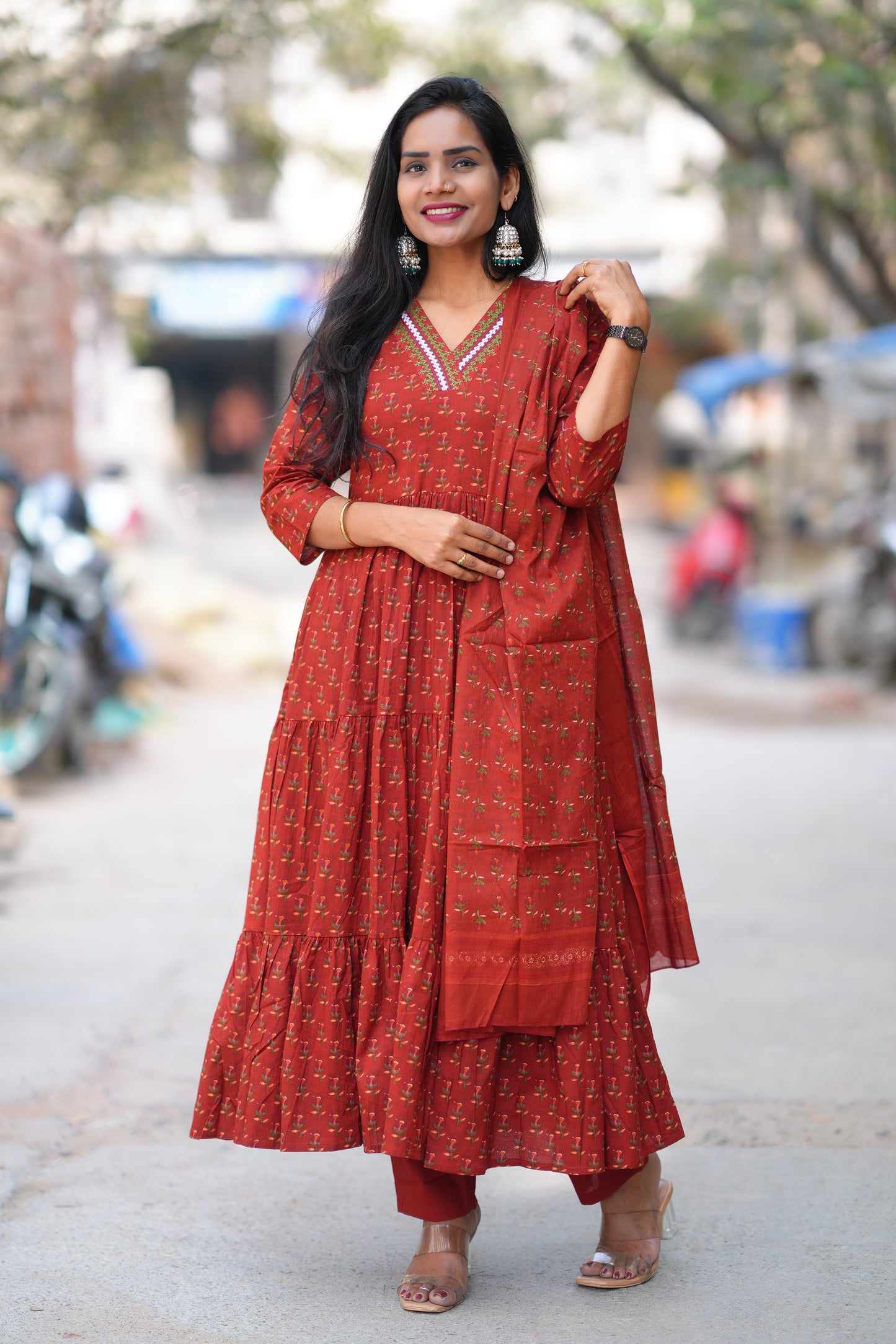 Red Color Jaipur Cotton Anarkali 3 Piece Set With Complete Lining