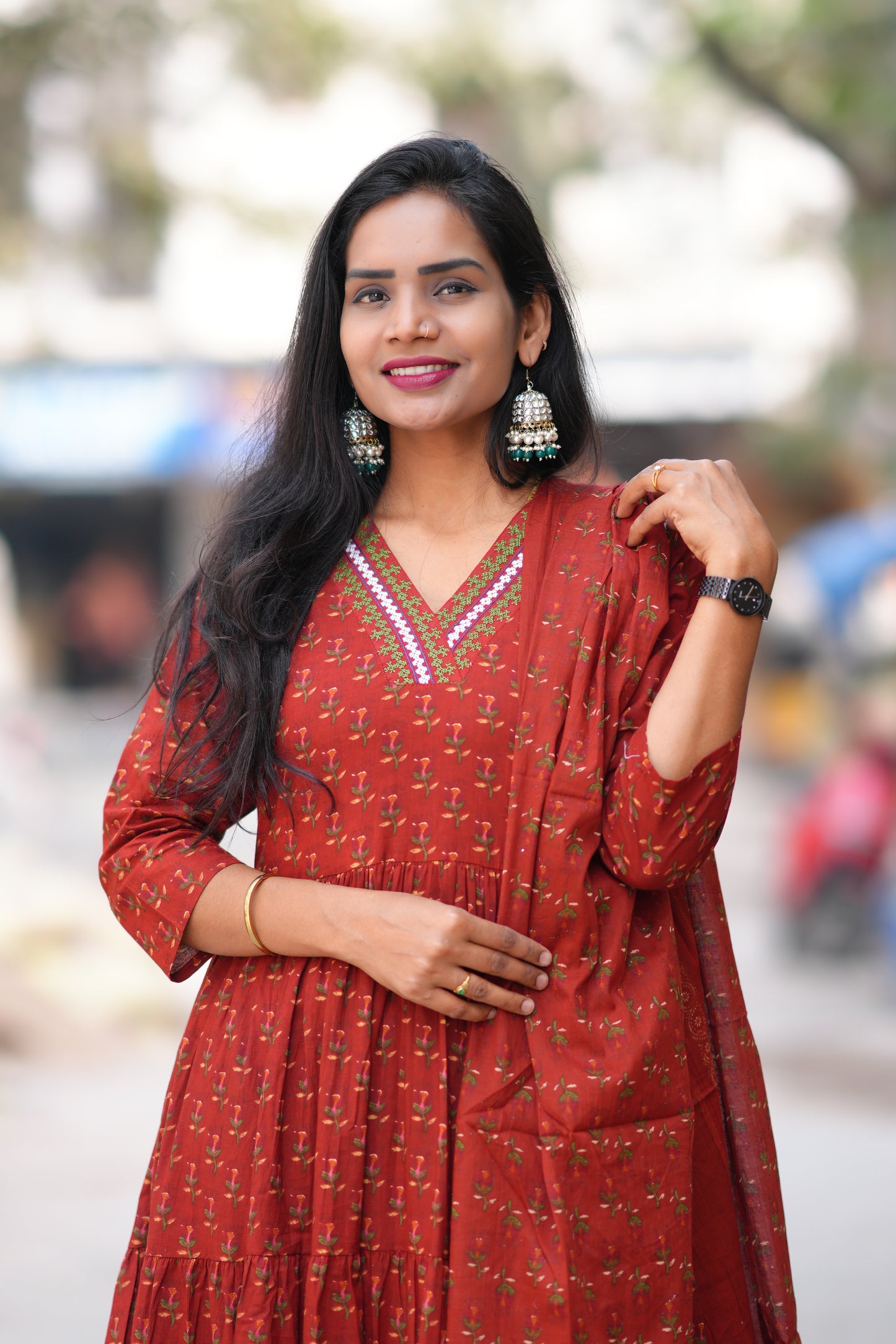 Red Color Jaipur Cotton Anarkali 3 Piece Set With Complete Lining