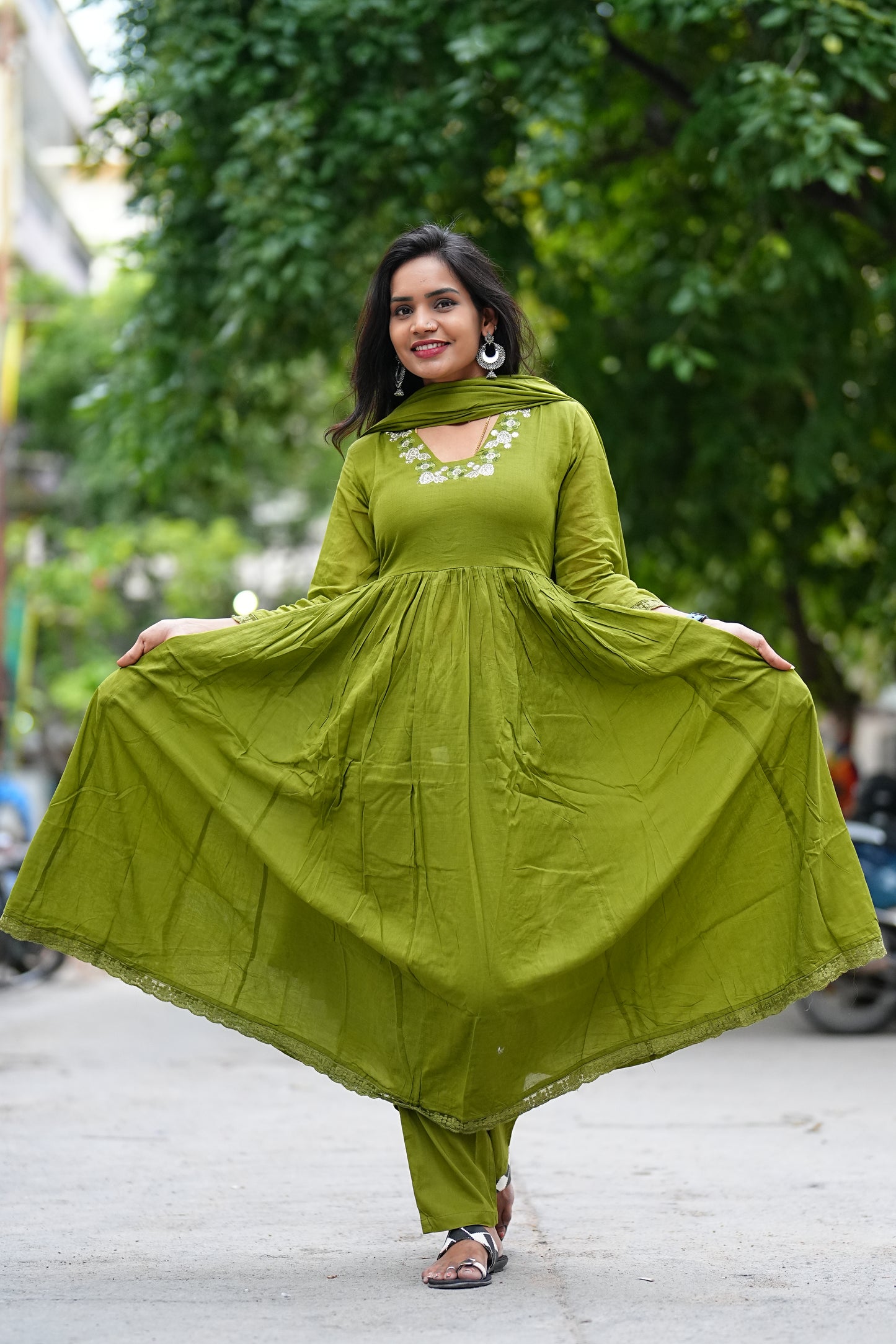 Olive Green Color Jaipur Cotton Anarkali 3 Piece Set