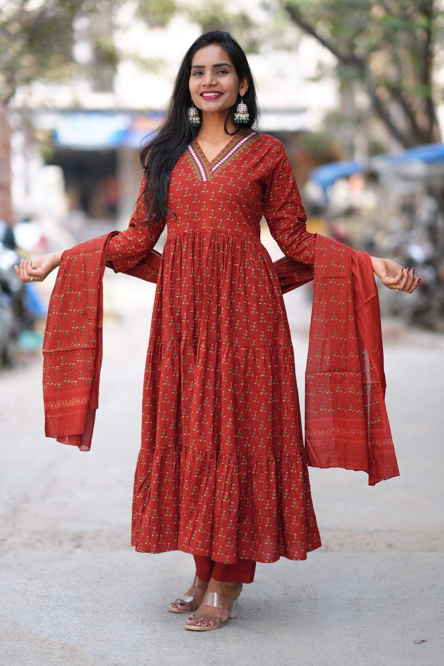 Red Color Jaipur Cotton Anarkali 3 Piece Set With Complete Lining