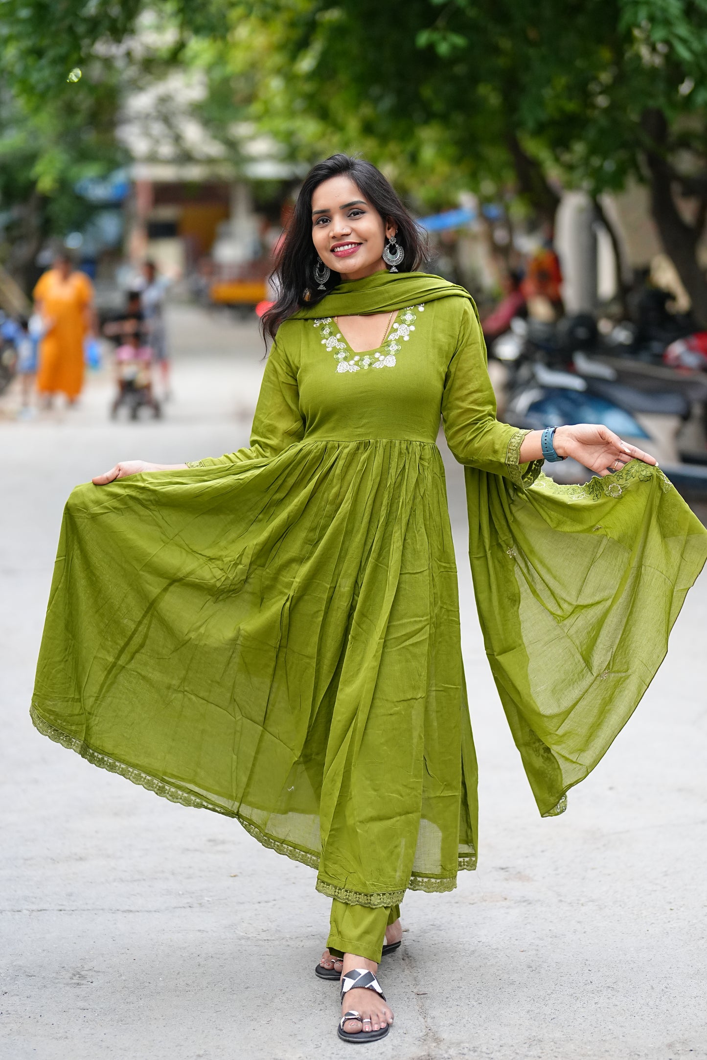 Olive Green Color Jaipur Cotton Anarkali 3 Piece Set