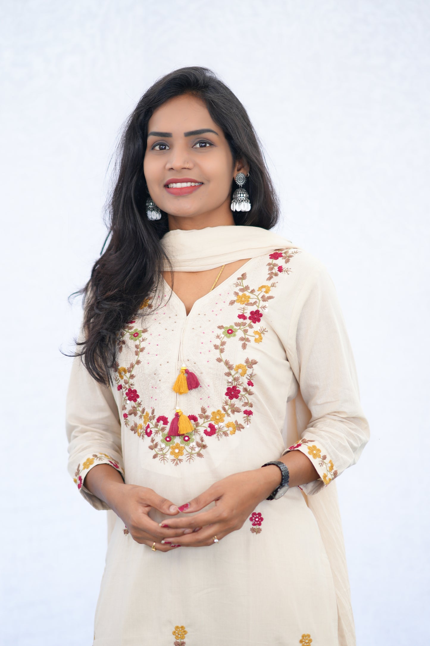 Cream Color Mul Cotton 3 Piece Set With Embroidery work and one Side Lining