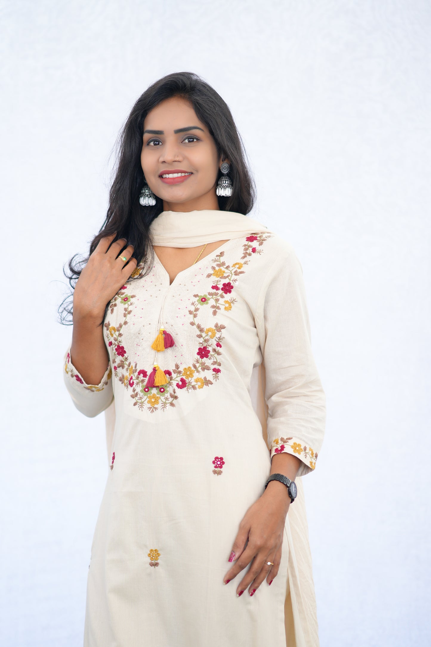 Cream Color Mul Cotton 3 Piece Set With Embroidery work and one Side Lining