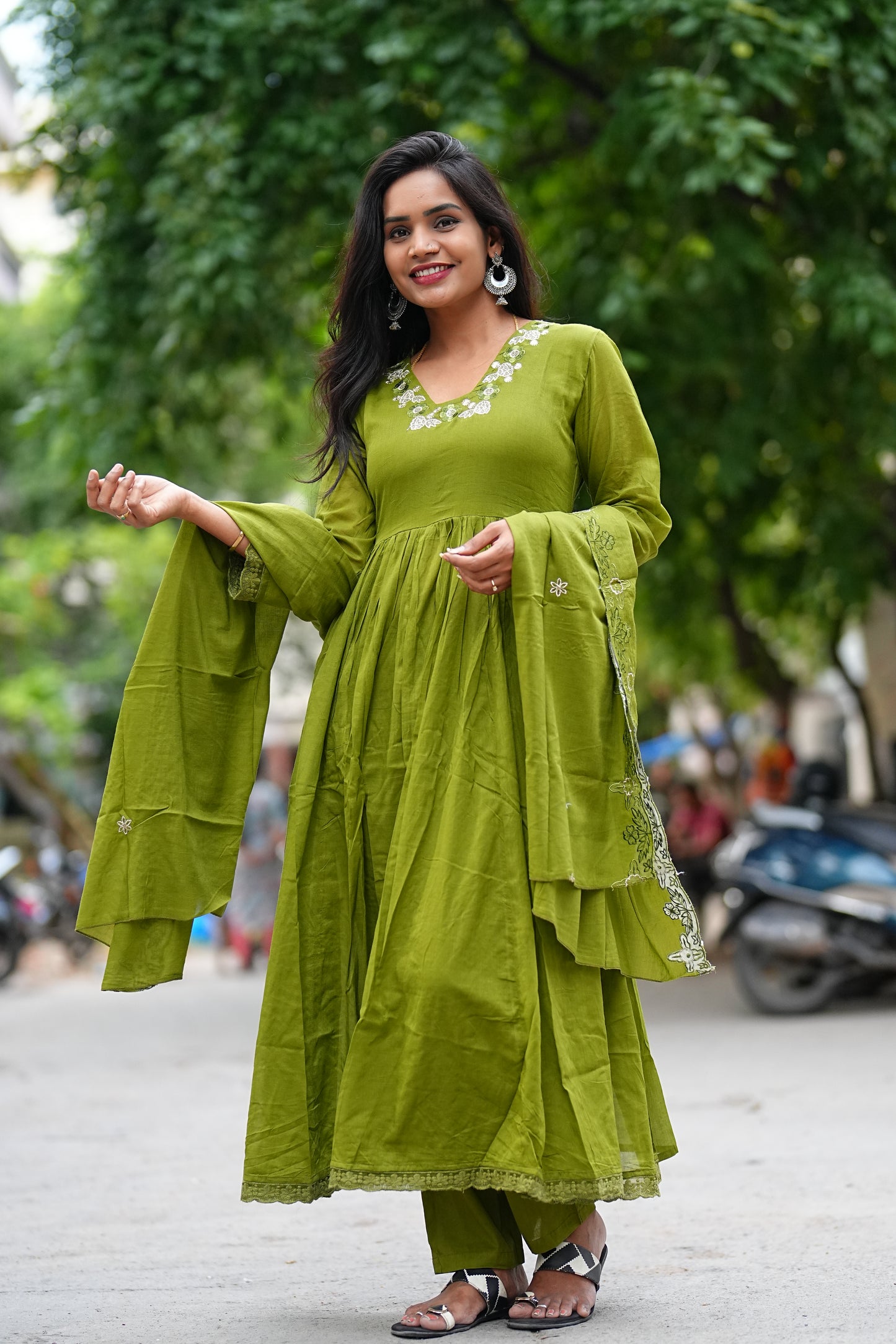 Olive Green Color Jaipur Cotton Anarkali 3 Piece Set
