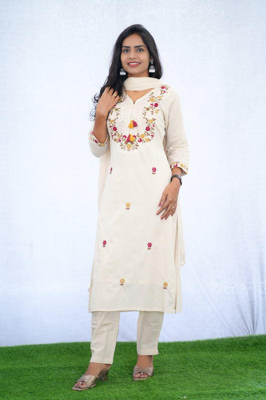 Cream Color Mul Cotton 3 Piece Set With Embroidery work and one Side Lining