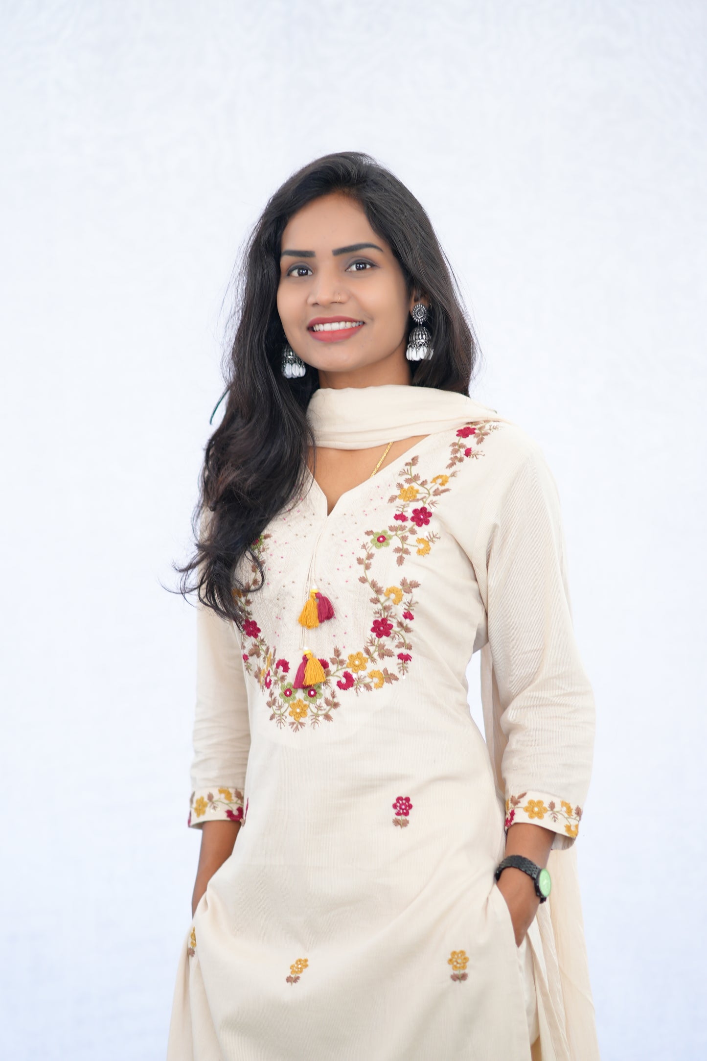 Cream Color Mul Cotton 3 Piece Set With Embroidery work and one Side Lining