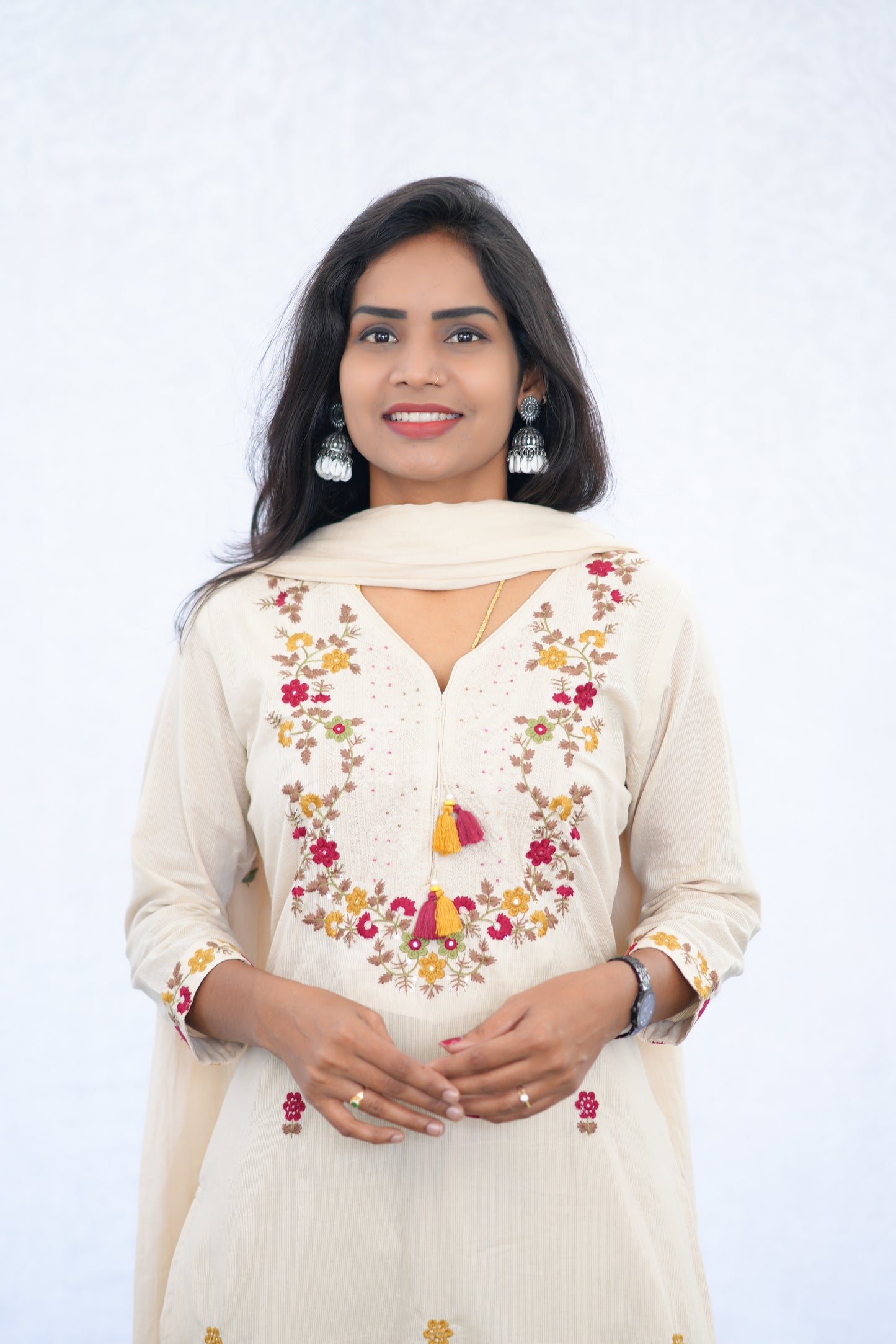 Cream Color Mul Cotton 3 Piece Set With Embroidery work and one Side Lining