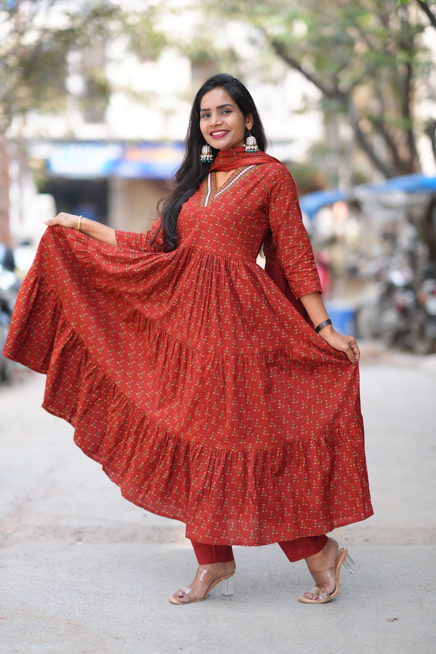 Red Color Jaipur Cotton Anarkali 3 Piece Set With Complete Lining