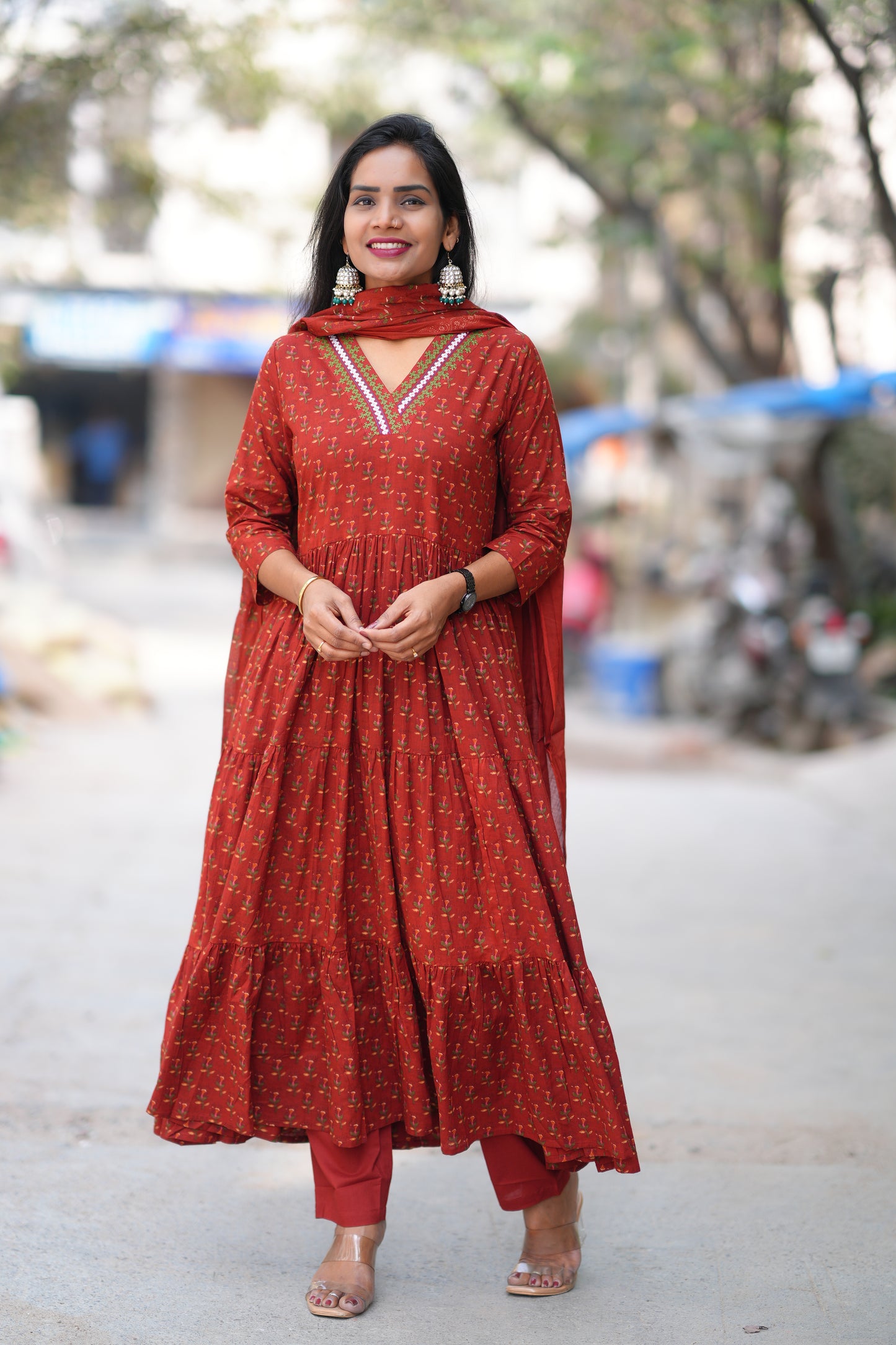 Red Color Jaipur Cotton Anarkali 3 Piece Set With Complete Lining
