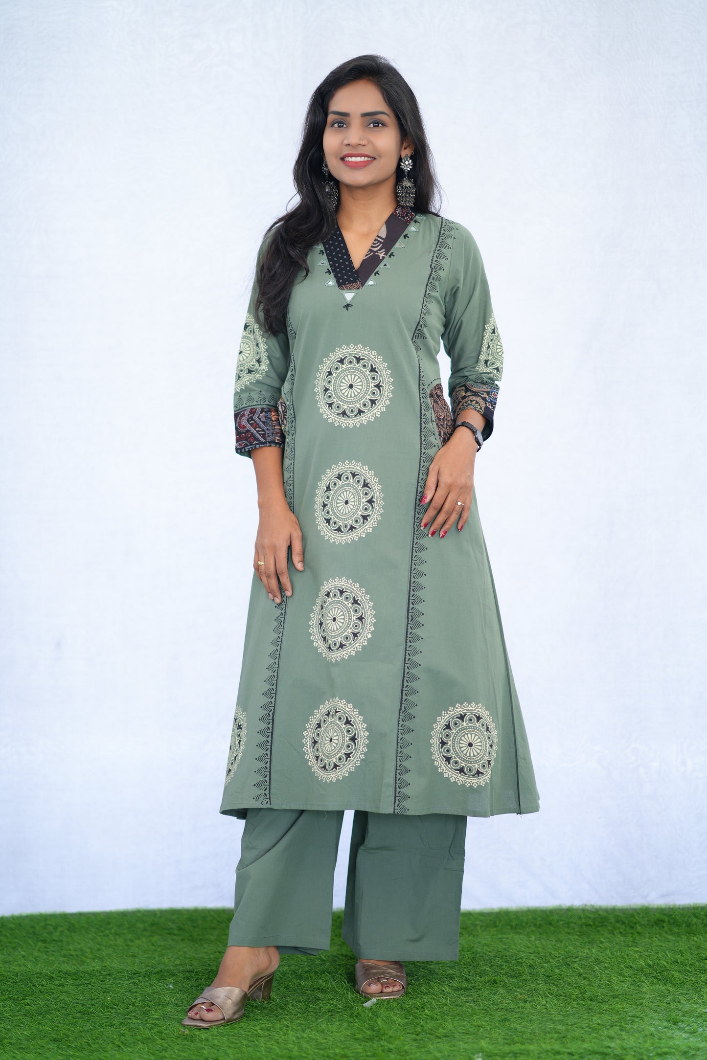 Sage Green Jaipur cotton Cord Set With Block Print With Palazzo Pants