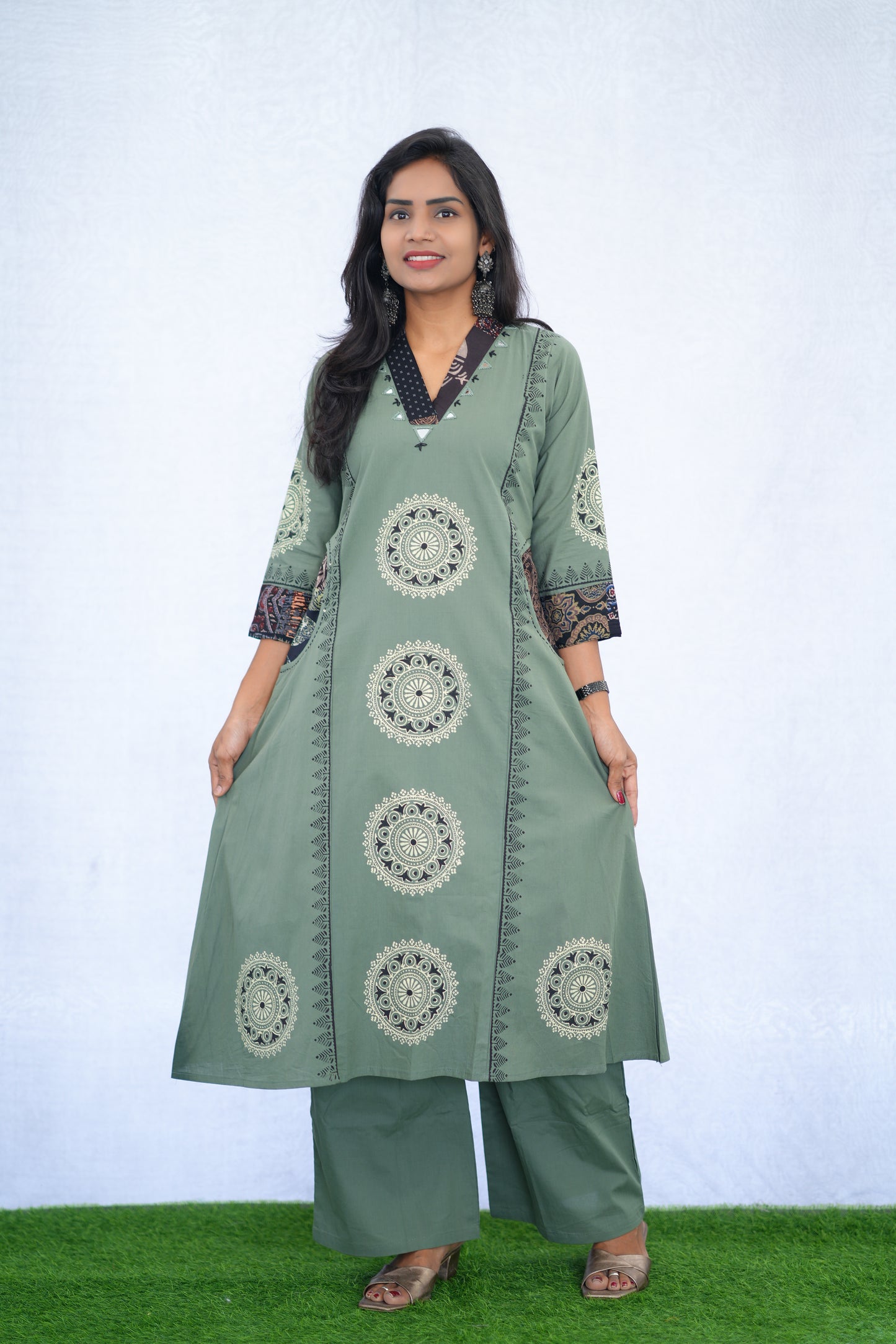 Sage Green Jaipur cotton Cord Set With Block Print With Palazzo Pants