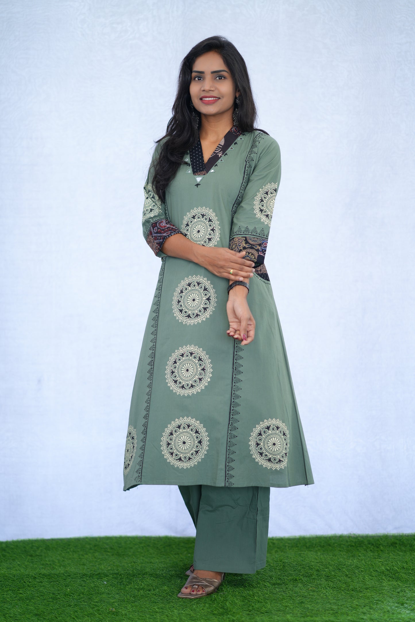 Sage Green Jaipur cotton Cord Set With Block Print With Palazzo Pants