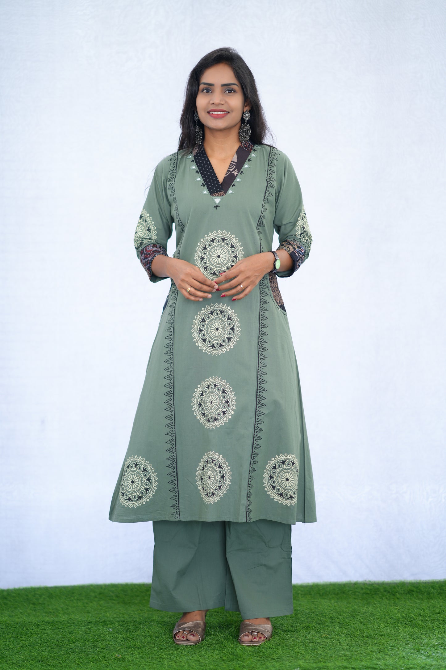 Sage Green Jaipur cotton Cord Set With Block Print With Palazzo Pants