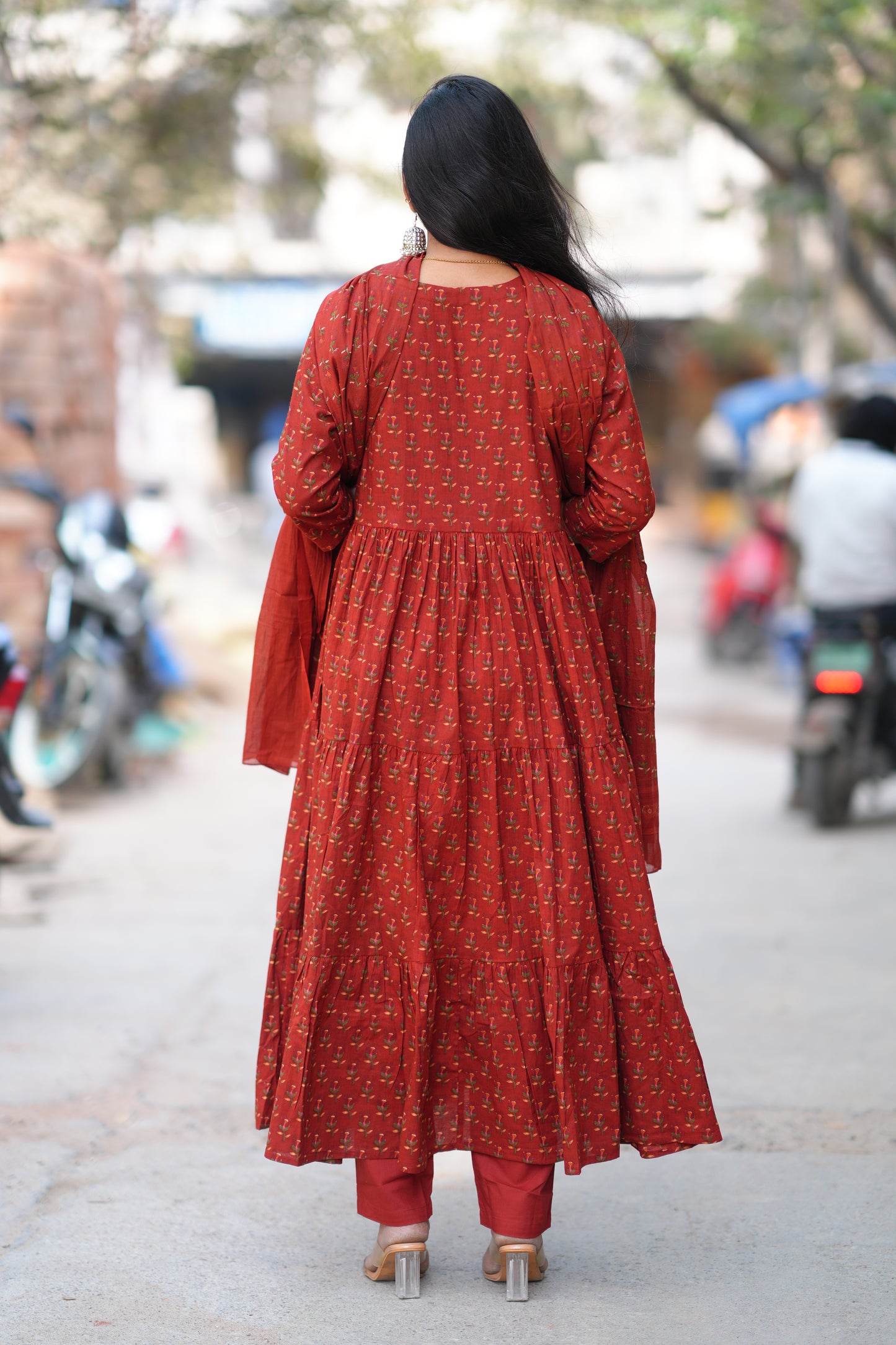 Red Color Jaipur Cotton Anarkali 3 Piece Set With Complete Lining