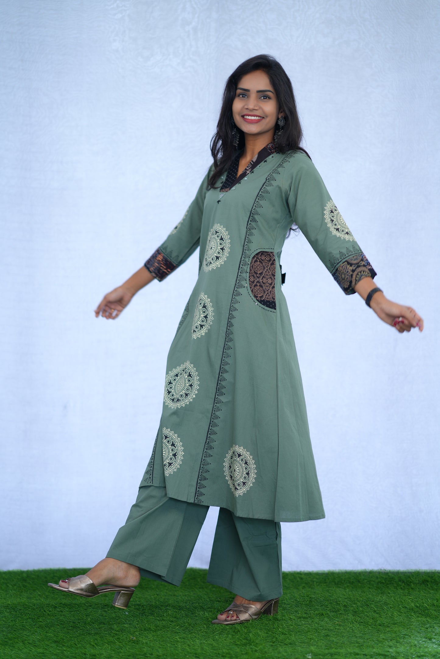 Sage Green Jaipur cotton Cord Set With Block Print With Palazzo Pants