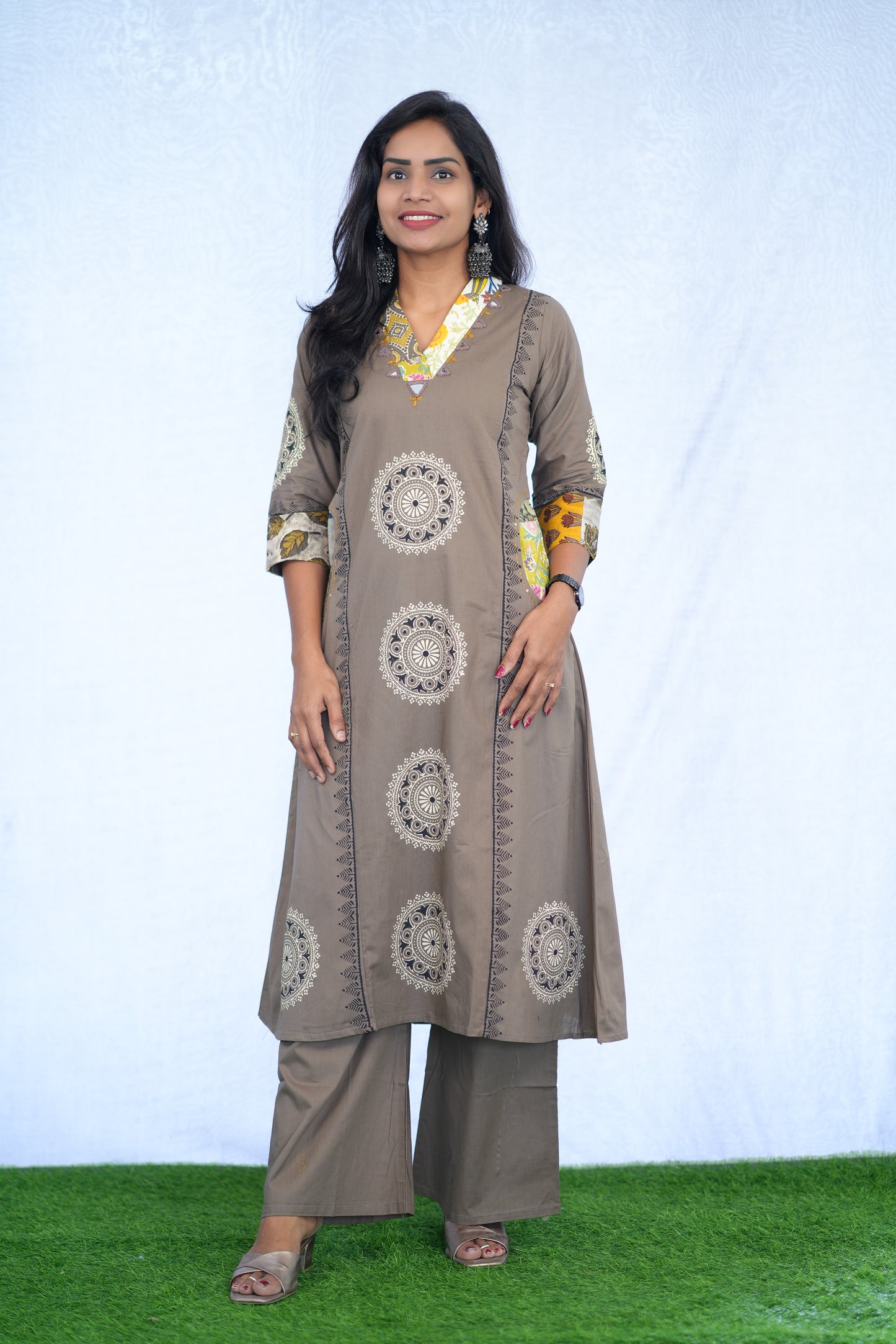 Coffee Brown Jaipur cotton Cord Set With Block Print With Palazzo Pants