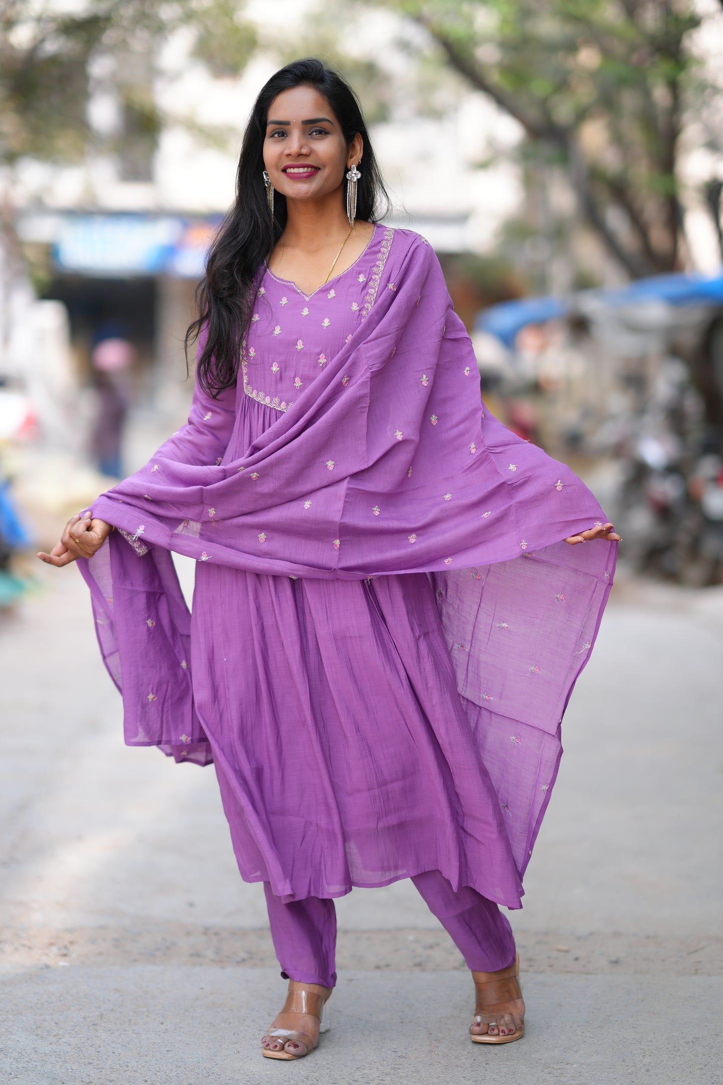 Purple Color Mul Chanderi Designer 3 Piece Set With Lining