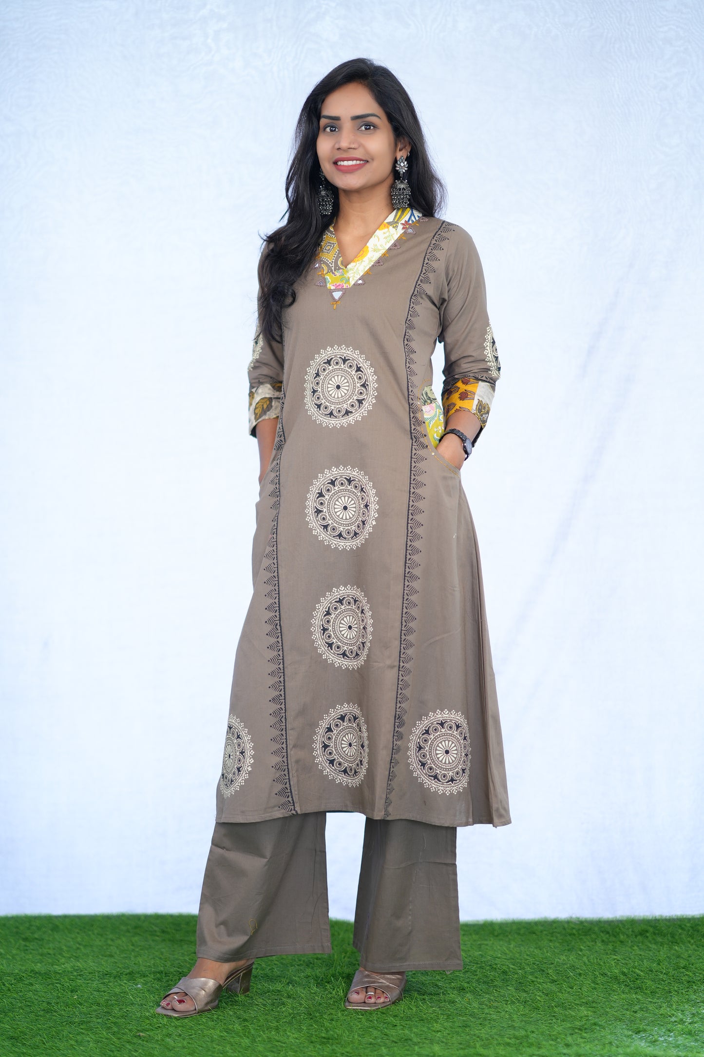 Coffee Brown Jaipur cotton Cord Set With Block Print With Palazzo Pants