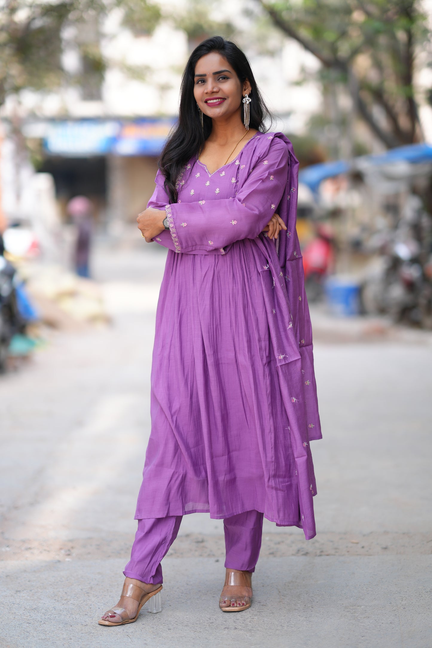 Purple Color Mul Chanderi Designer 3 Piece Set With Lining