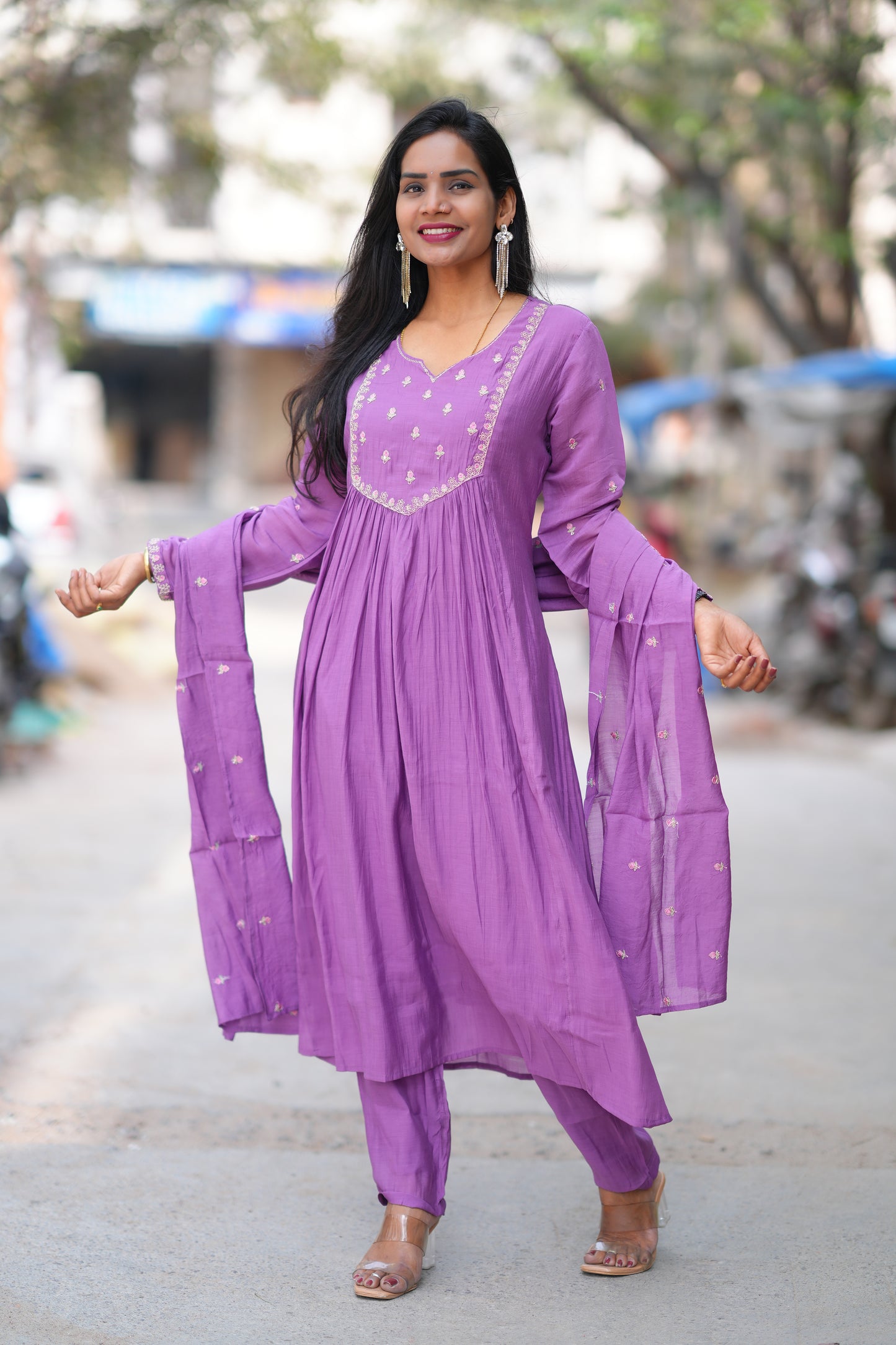 Purple Color Mul Chanderi Designer 3 Piece Set With Lining