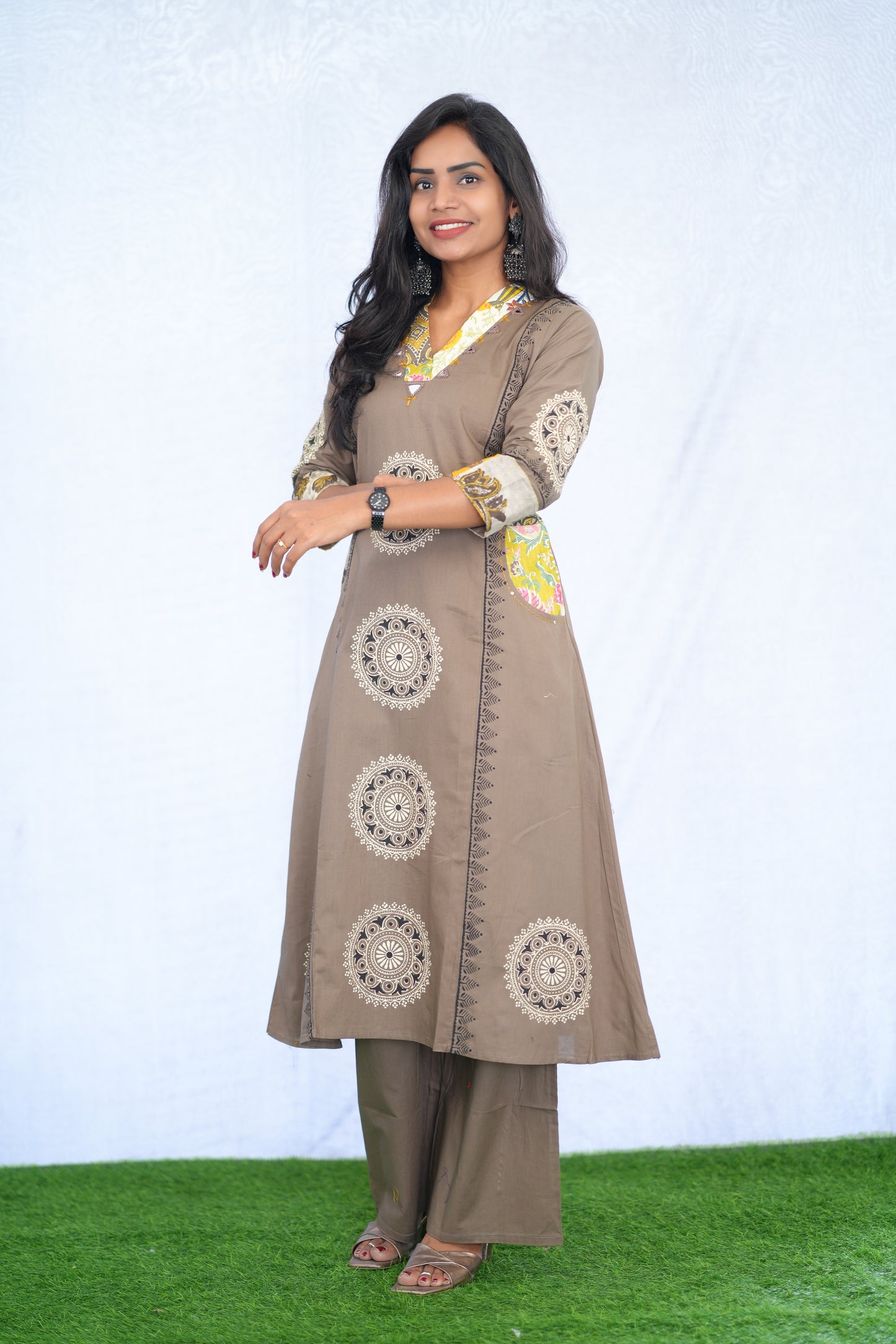 Coffee Brown Jaipur cotton Cord Set With Block Print With Palazzo Pants