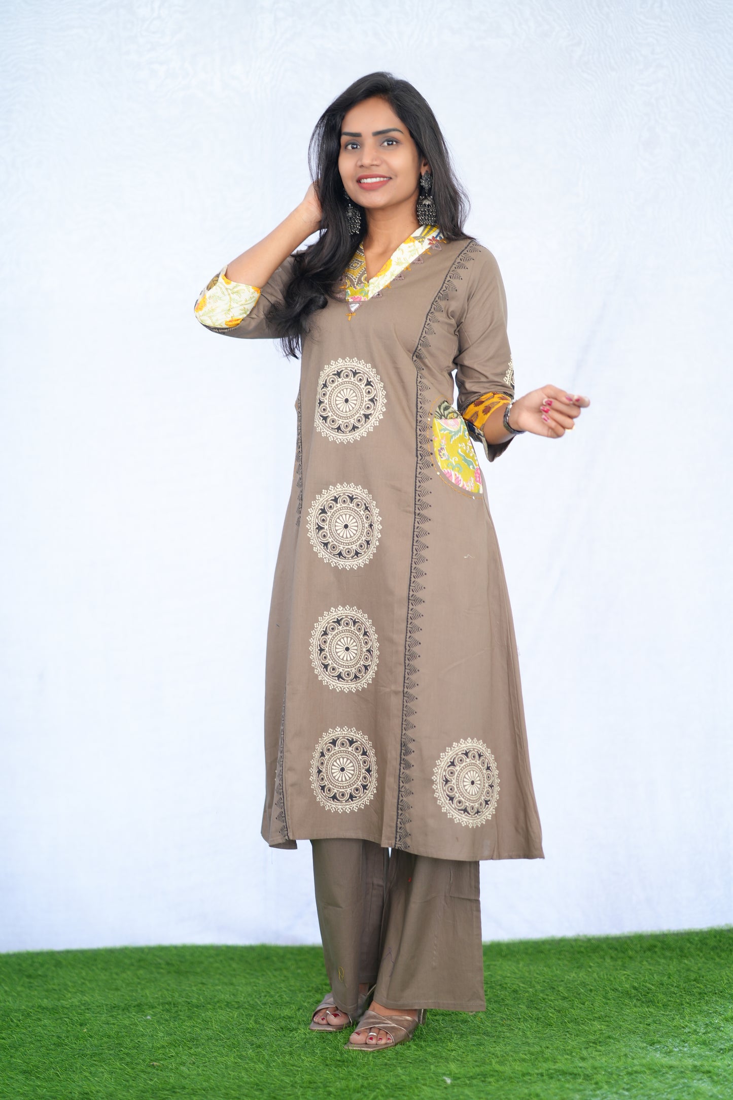 Coffee Brown Jaipur cotton Cord Set With Block Print With Palazzo Pants