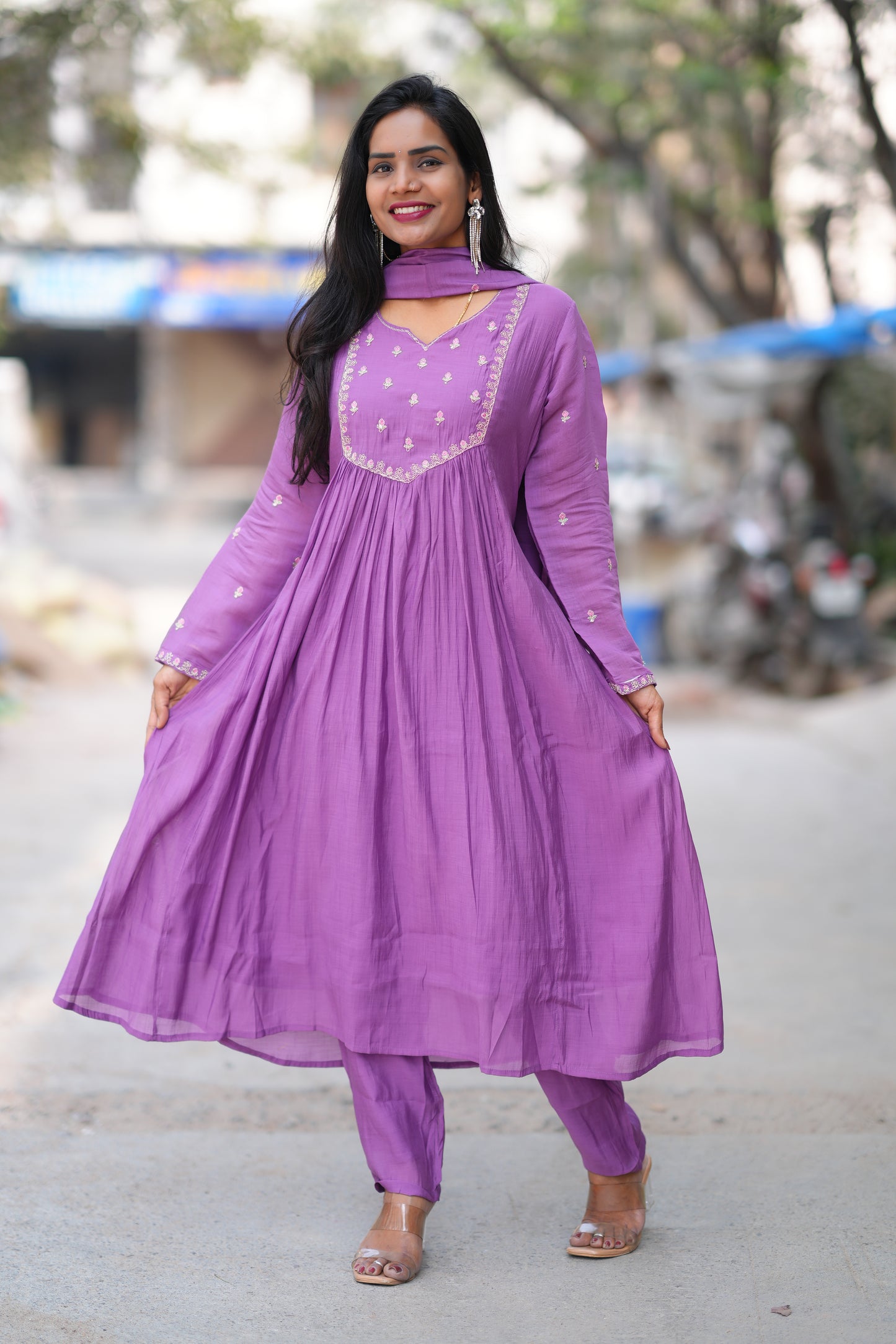 Purple Color Mul Chanderi Designer 3 Piece Set With Lining