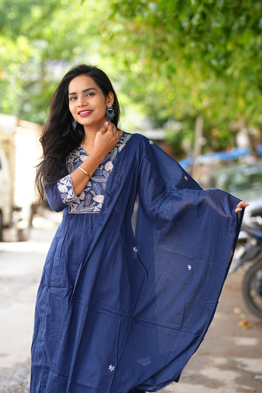 Blue Color Pure Mul Mul Cotton Anarkali 3 Piece Set With Complete Lining