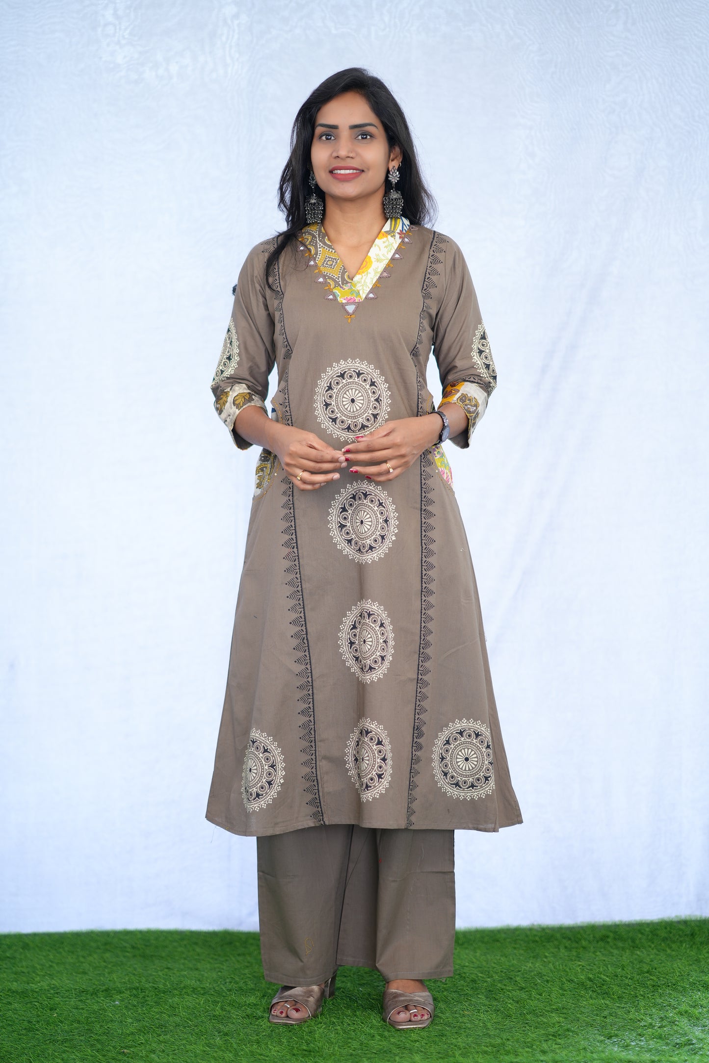 Coffee Brown Jaipur cotton Cord Set With Block Print With Palazzo Pants