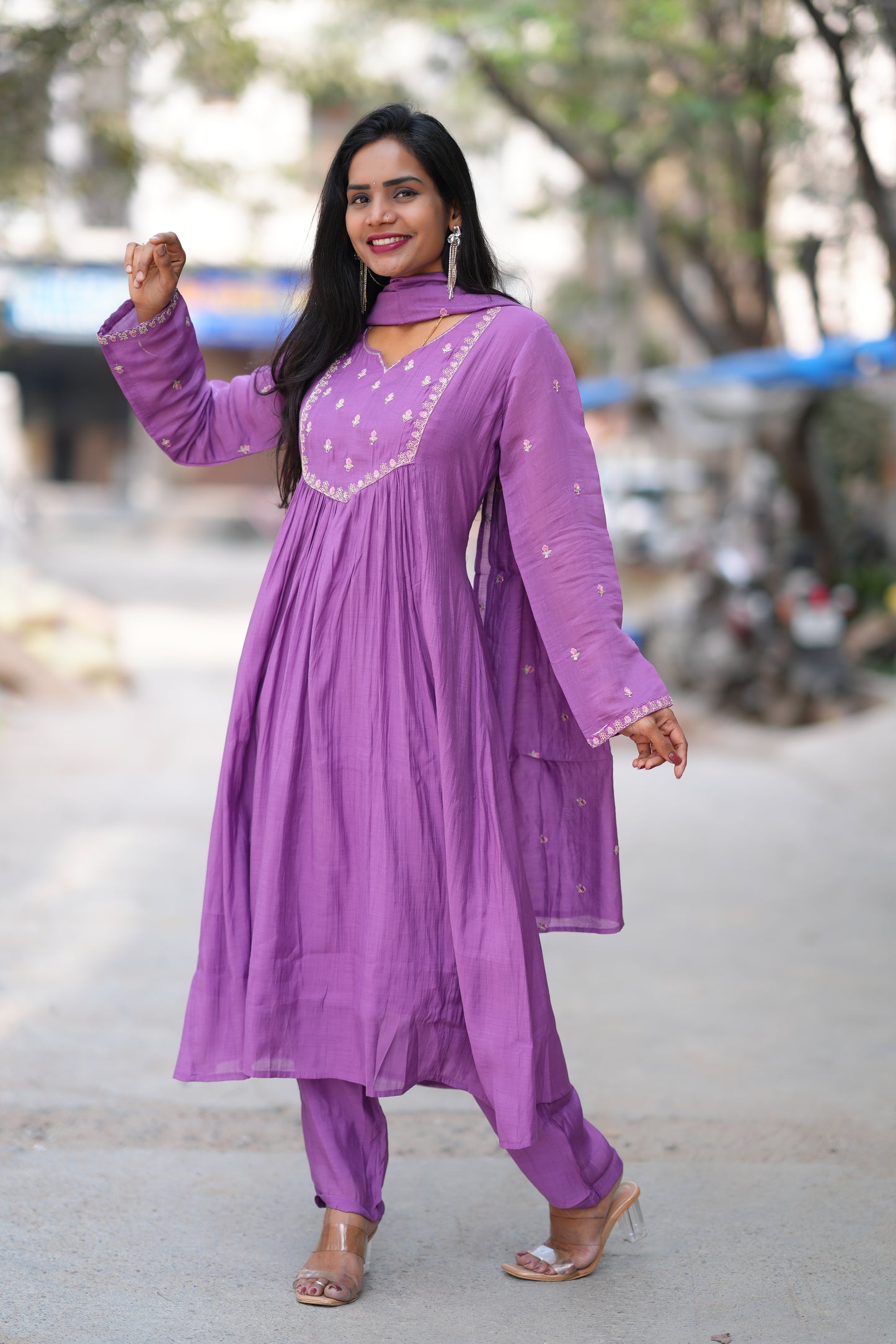 Purple Color Mul Chanderi Designer 3 Piece Set With Lining