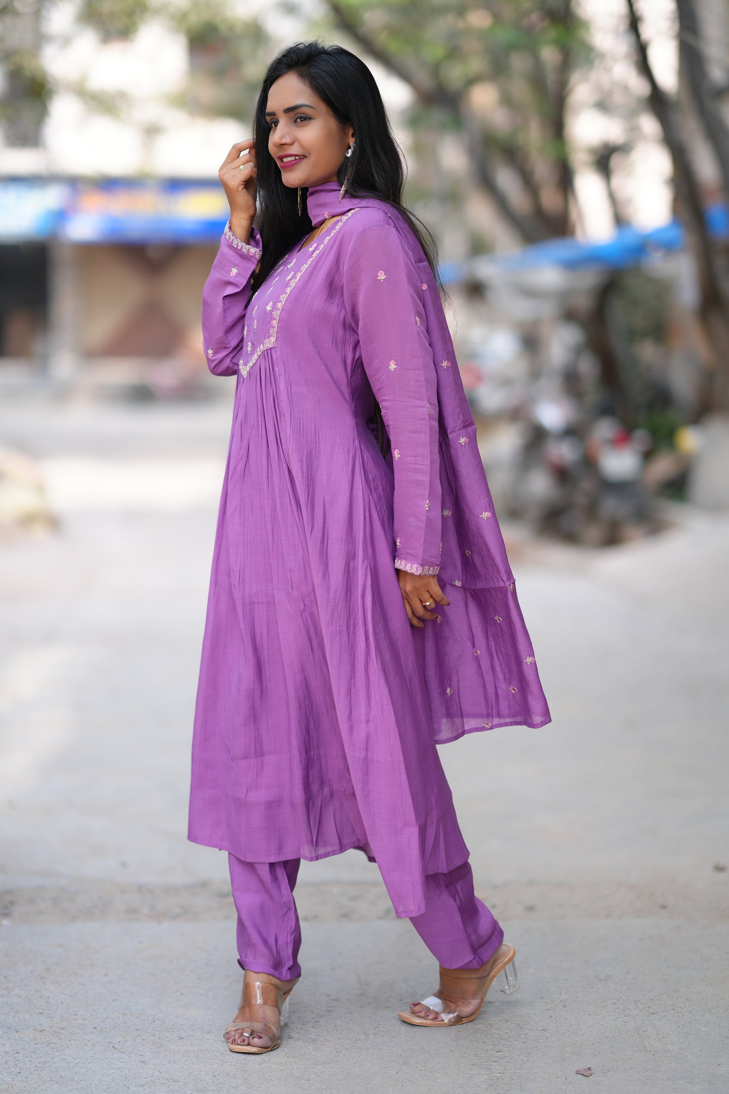 Purple Color Mul Chanderi Designer 3 Piece Set With Lining