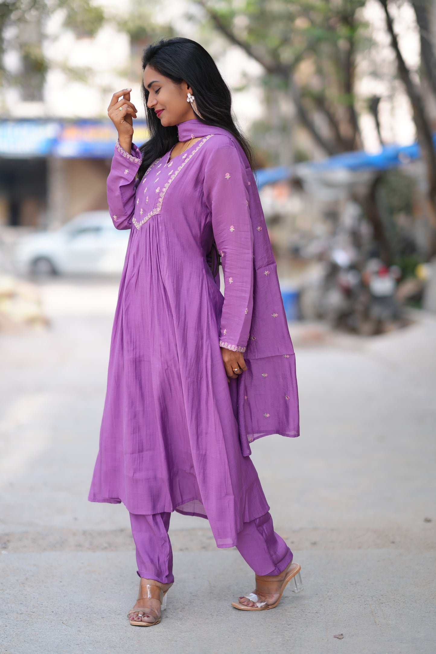 Purple Color Mul Chanderi Designer 3 Piece Set With Lining