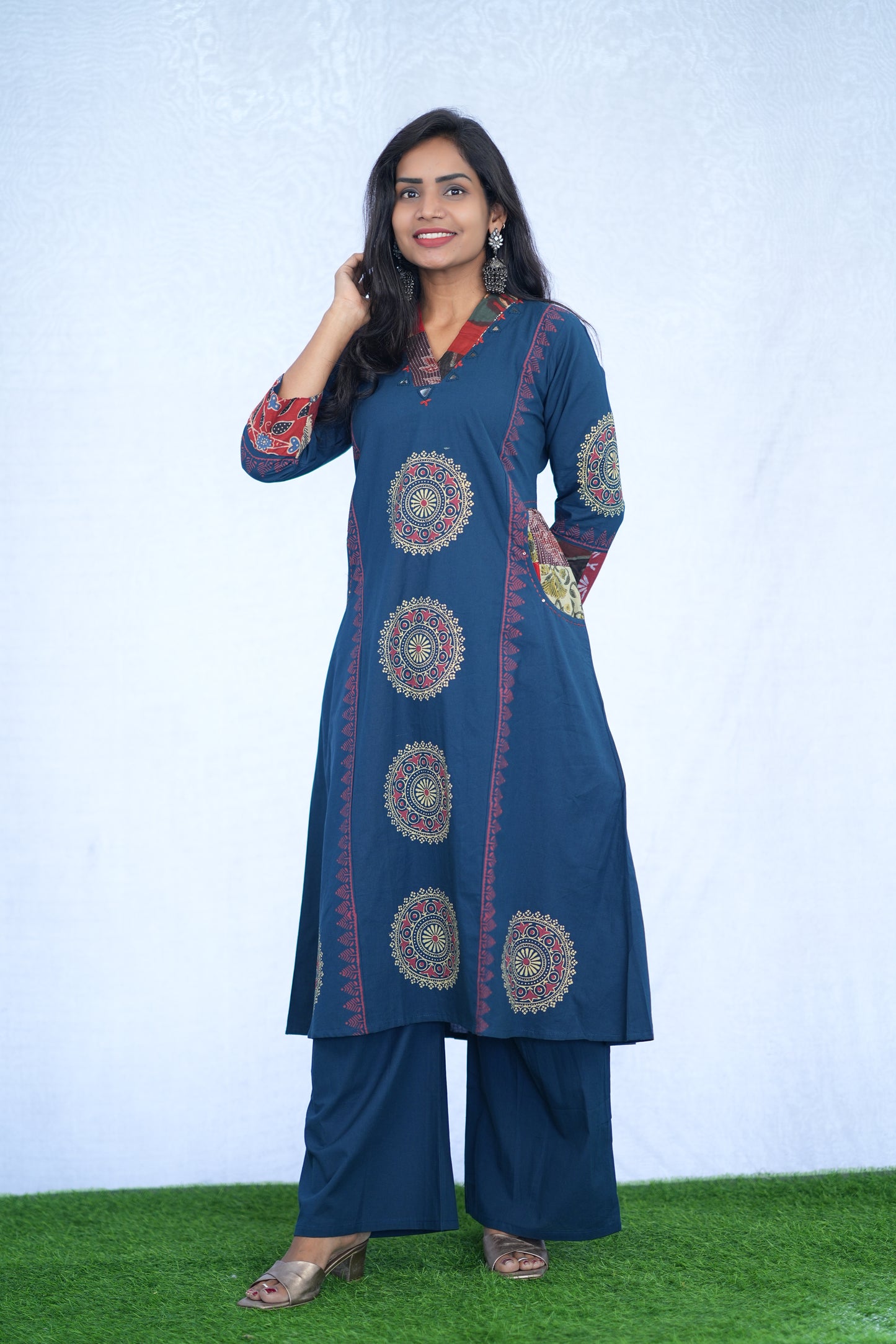 Blue Jaipur cotton Cord Set With Block Print With Palazzo Pants