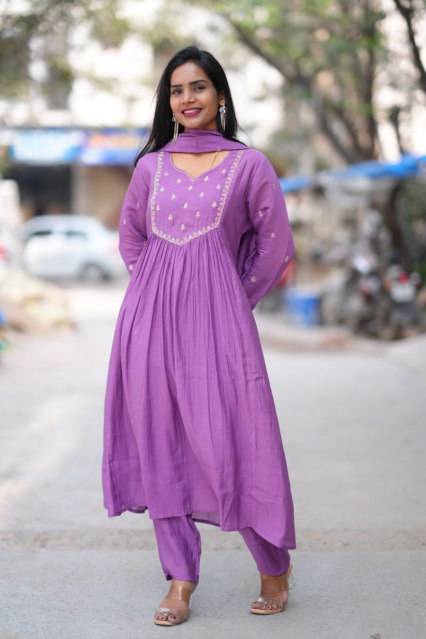 Purple Color Mul Chanderi Designer 3 Piece Set With Lining