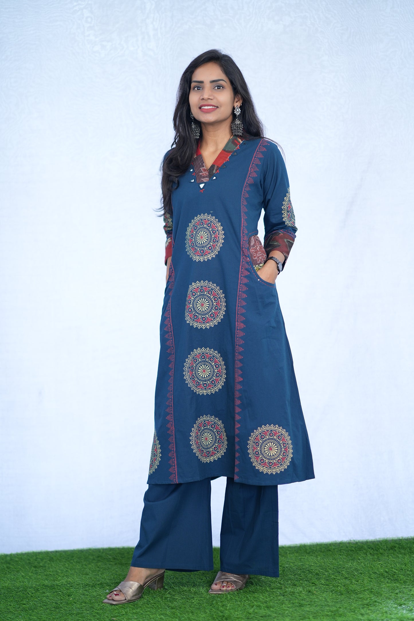 Blue Jaipur cotton Cord Set With Block Print With Palazzo Pants
