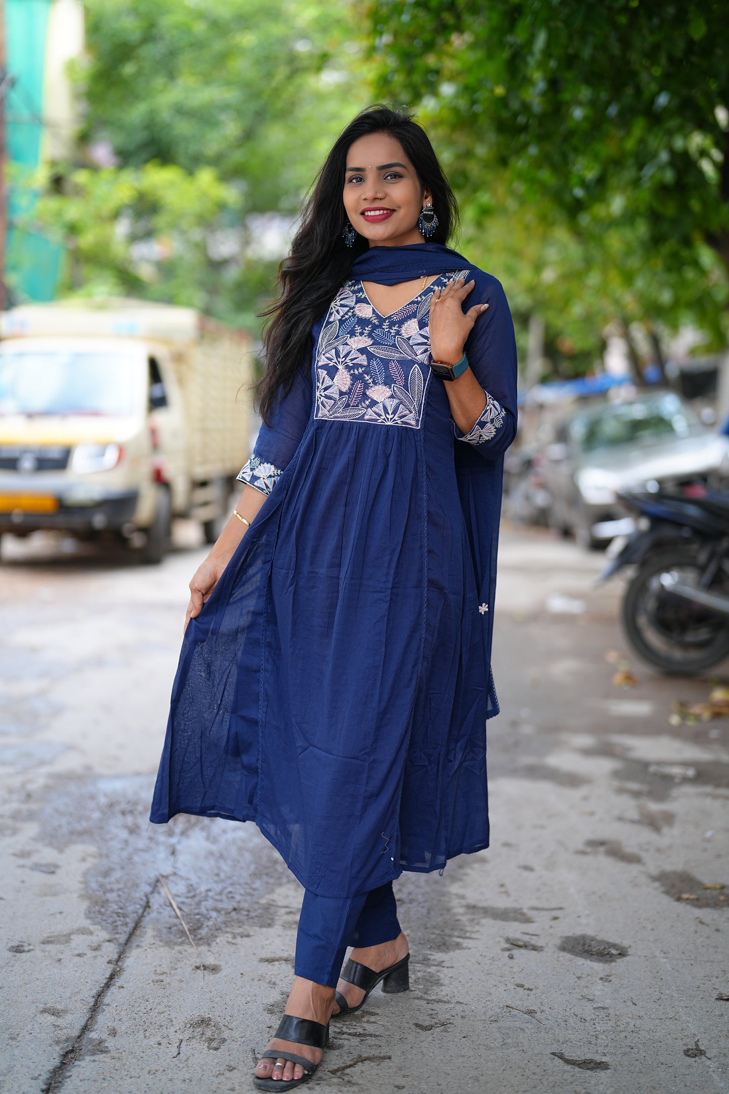 Blue Color Pure Mul Mul Cotton Anarkali 3 Piece Set With Complete Lining