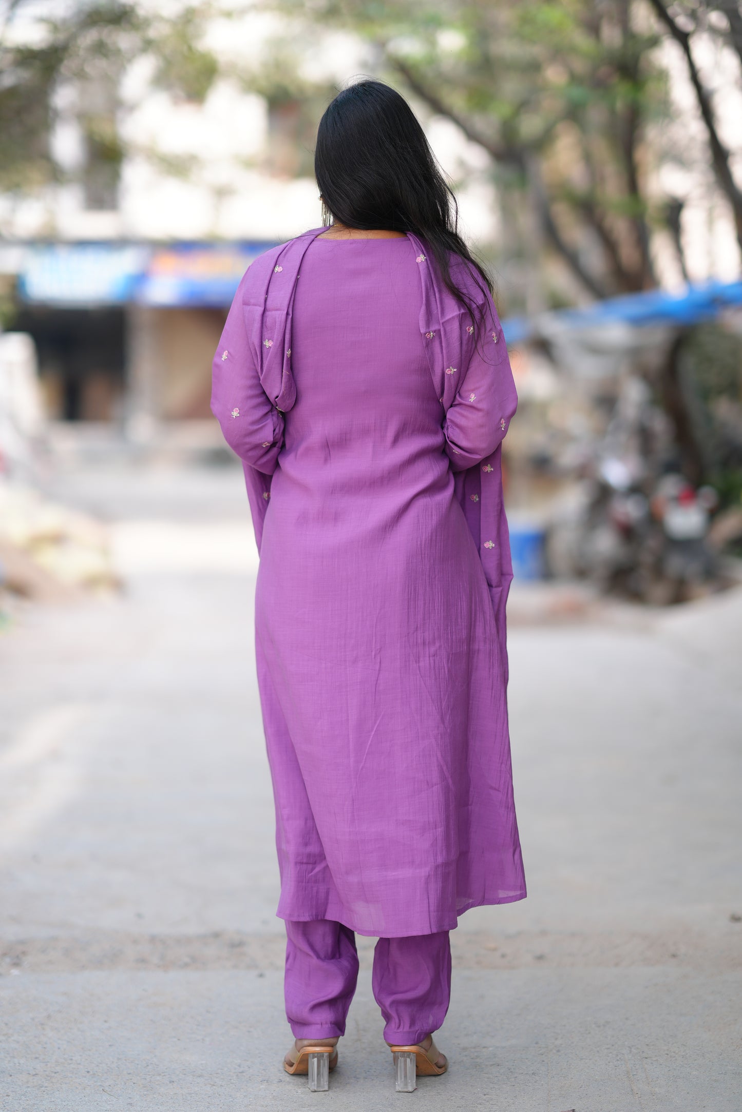 Purple Color Mul Chanderi Designer 3 Piece Set With Lining