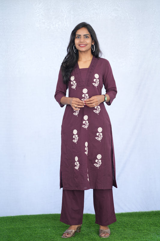 Wine Color Jaipur Flex Cotton Cord Set With Embroidery work