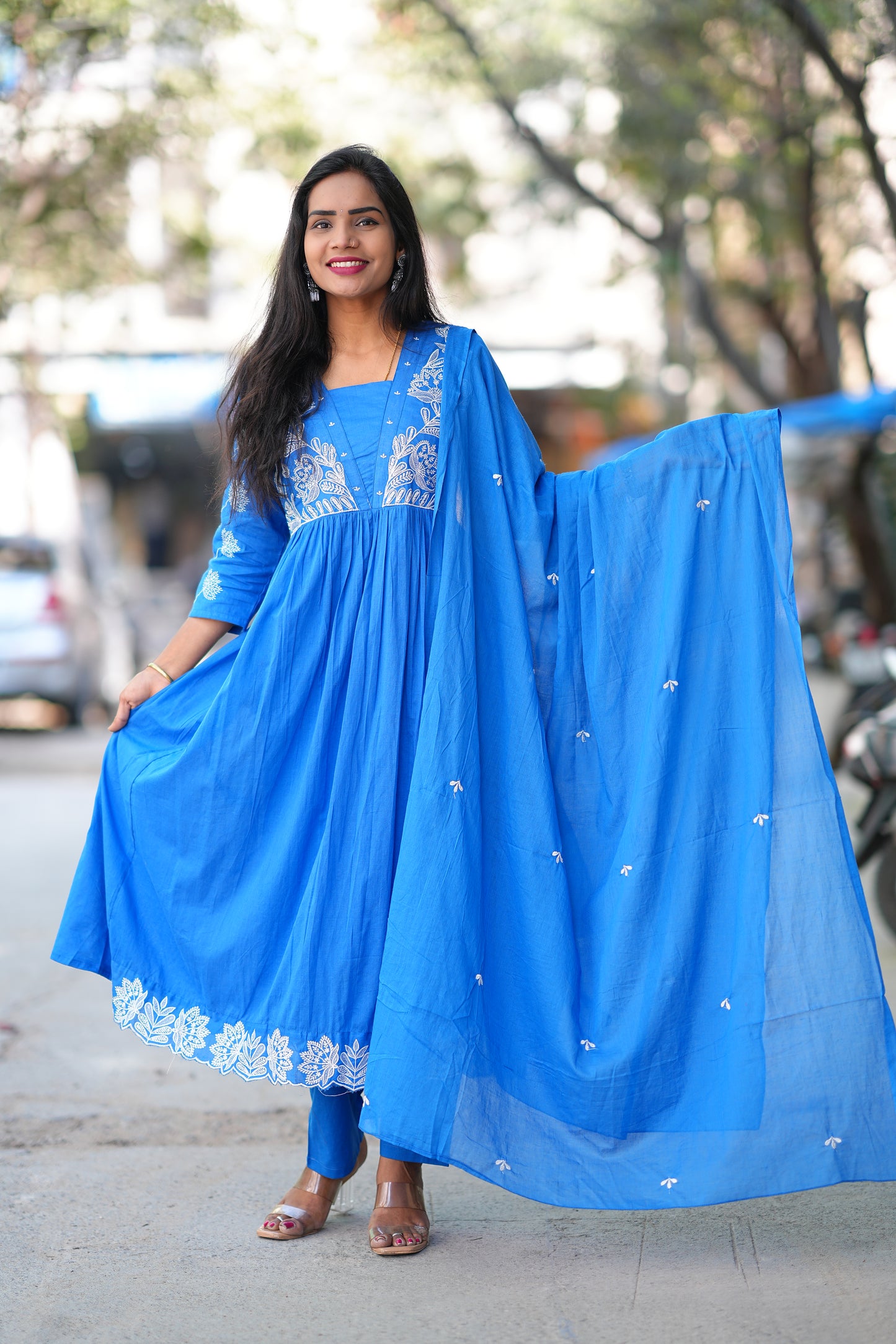 Blue Color Pure Mul Cotton 3 Piece set With Embroidery and Applique Work