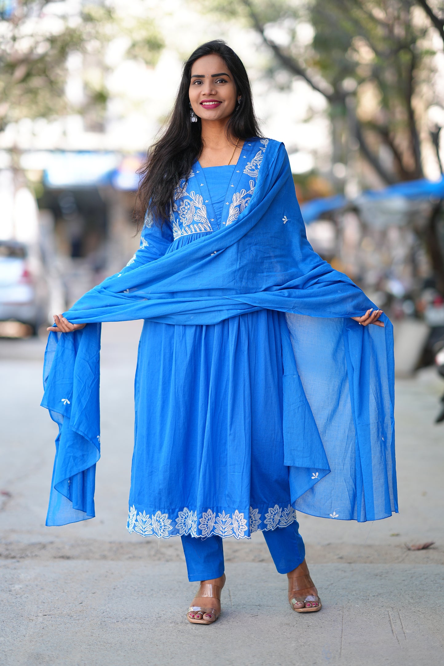 Blue Color Pure Mul Cotton 3 Piece set With Embroidery and Applique Work