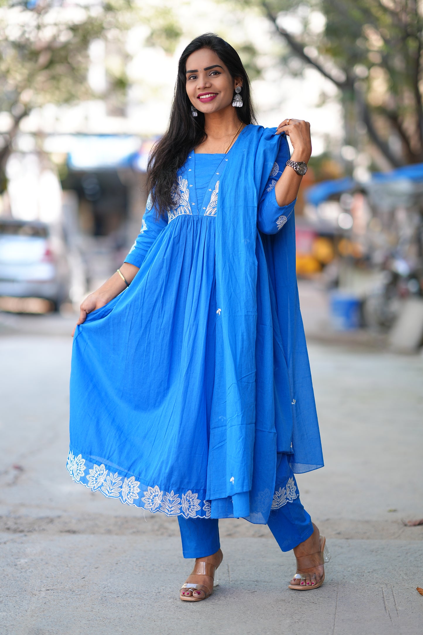 Blue Color Pure Mul Cotton 3 Piece set With Embroidery and Applique Work